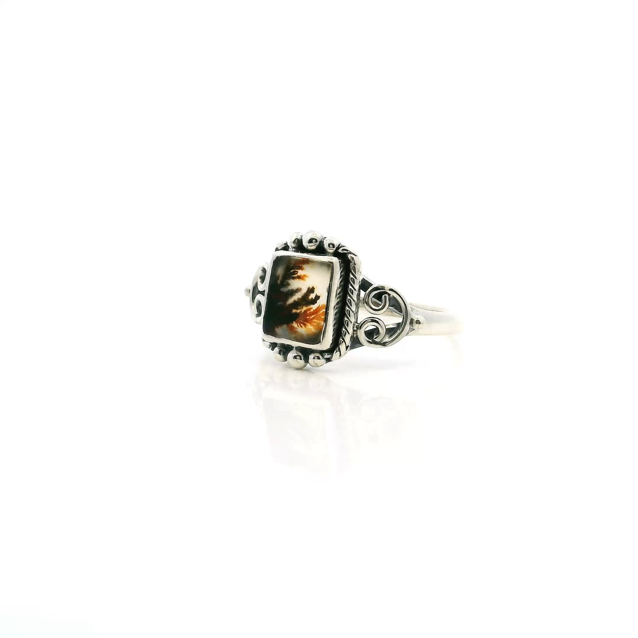 Dendritic Agate Ring - Square Cabochon with Orange & Dark Brown Layered Dendrites & Rope & Beaded Detail Bezel Set in 925 Sterling Silver sz8
