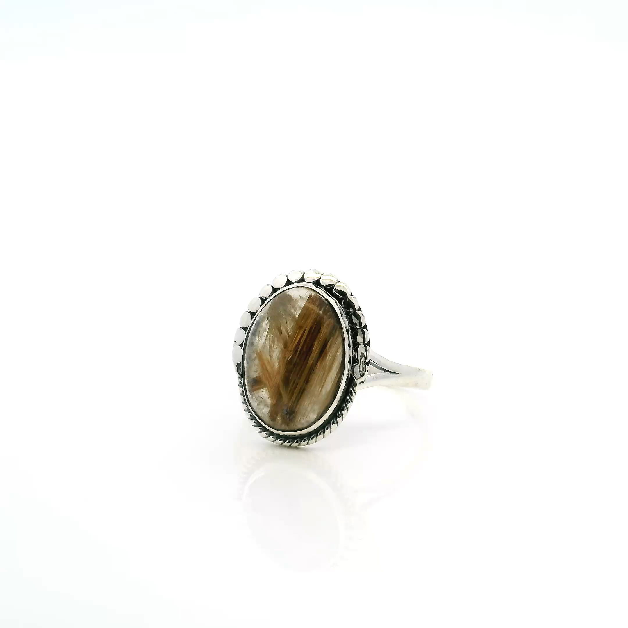 Golden Rutilated Quartz Ring - Oval Cabochon with Thick Gold Rutile Bezel Set with Rope & Flattened Bead Detail on Double Band in 925 Sterling Silver sz8