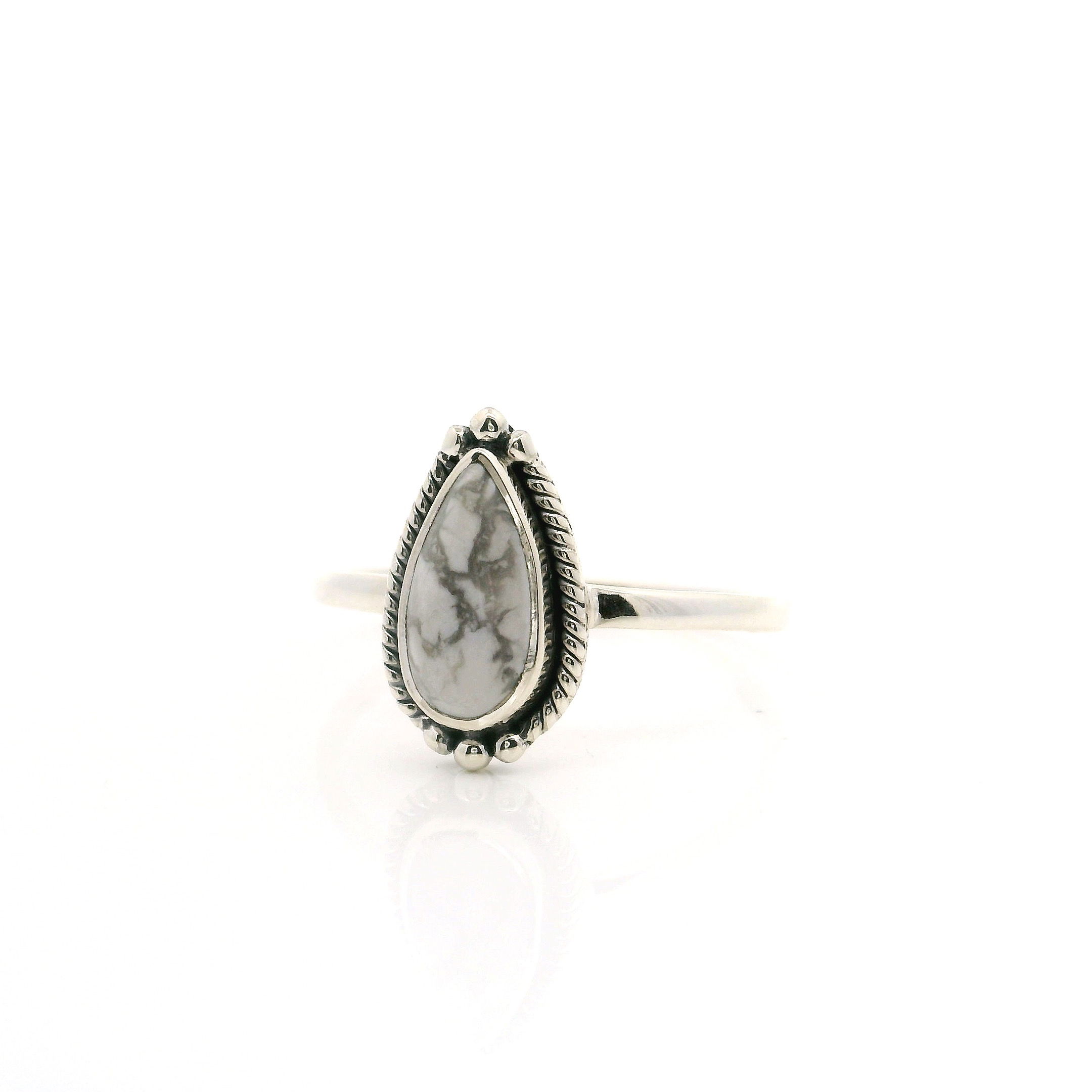 Howlite Ring - Pear Cabochon with Hairlike Gray Inclusions & Rope & Beaded Detail Bezel Set in 925 Sterling Silver sz9