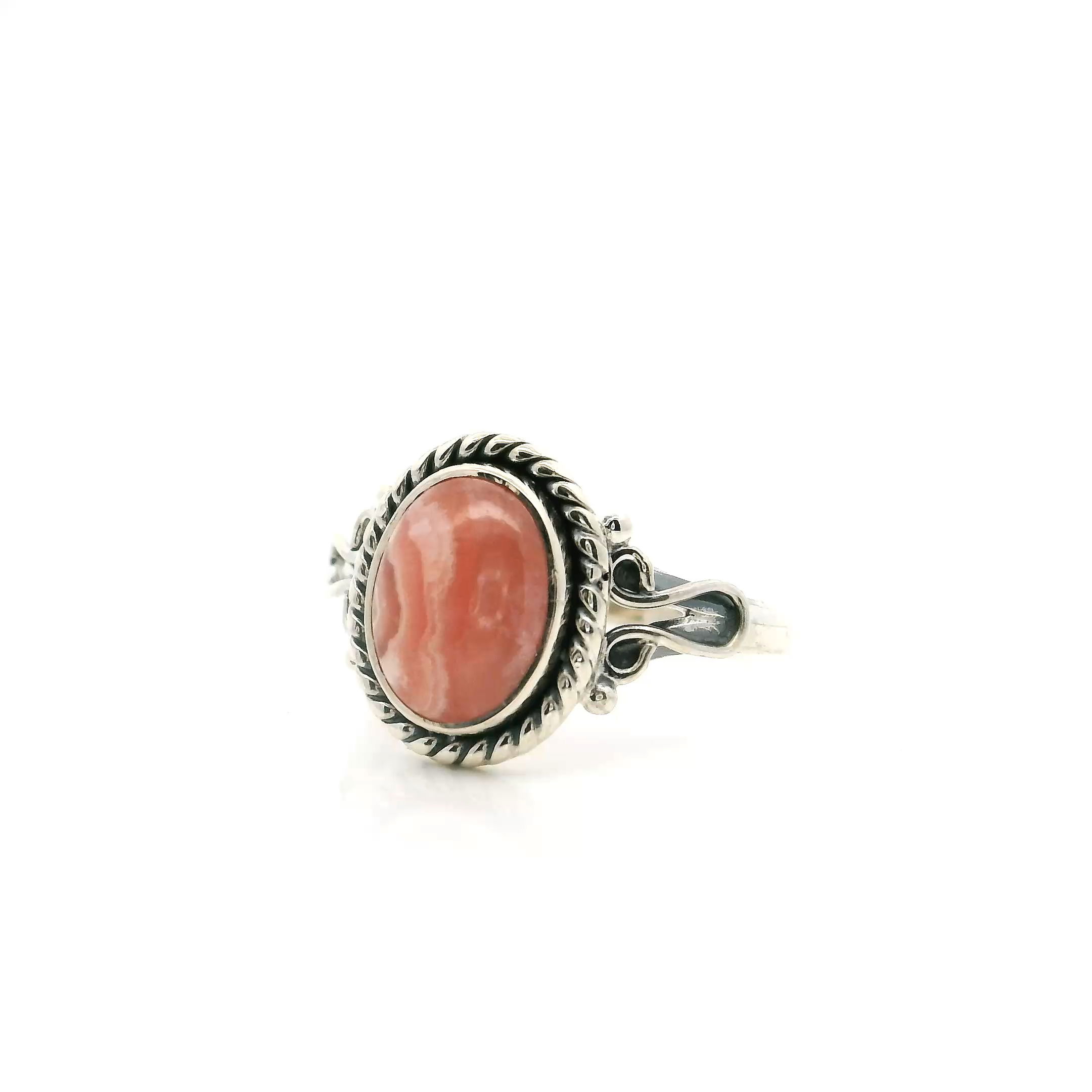 Rhodochrosite Ring - Oval Cabochon with Curved White Banding & Rope Detail Bezel Set in 925 Sterling Silver sz6