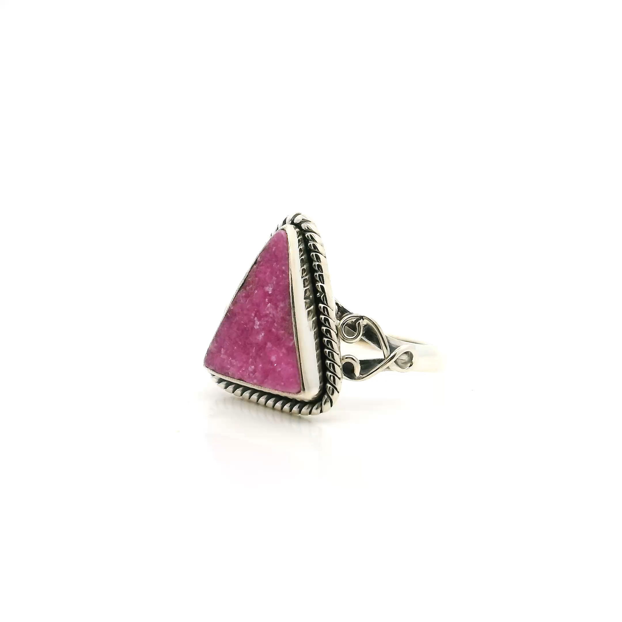 Cobalt Calcite Ring - Triangular Rough with Pink Druzy & Rope Detail & Wishbone Side Accents Bezel Set in 925 Sterling Silver sz6