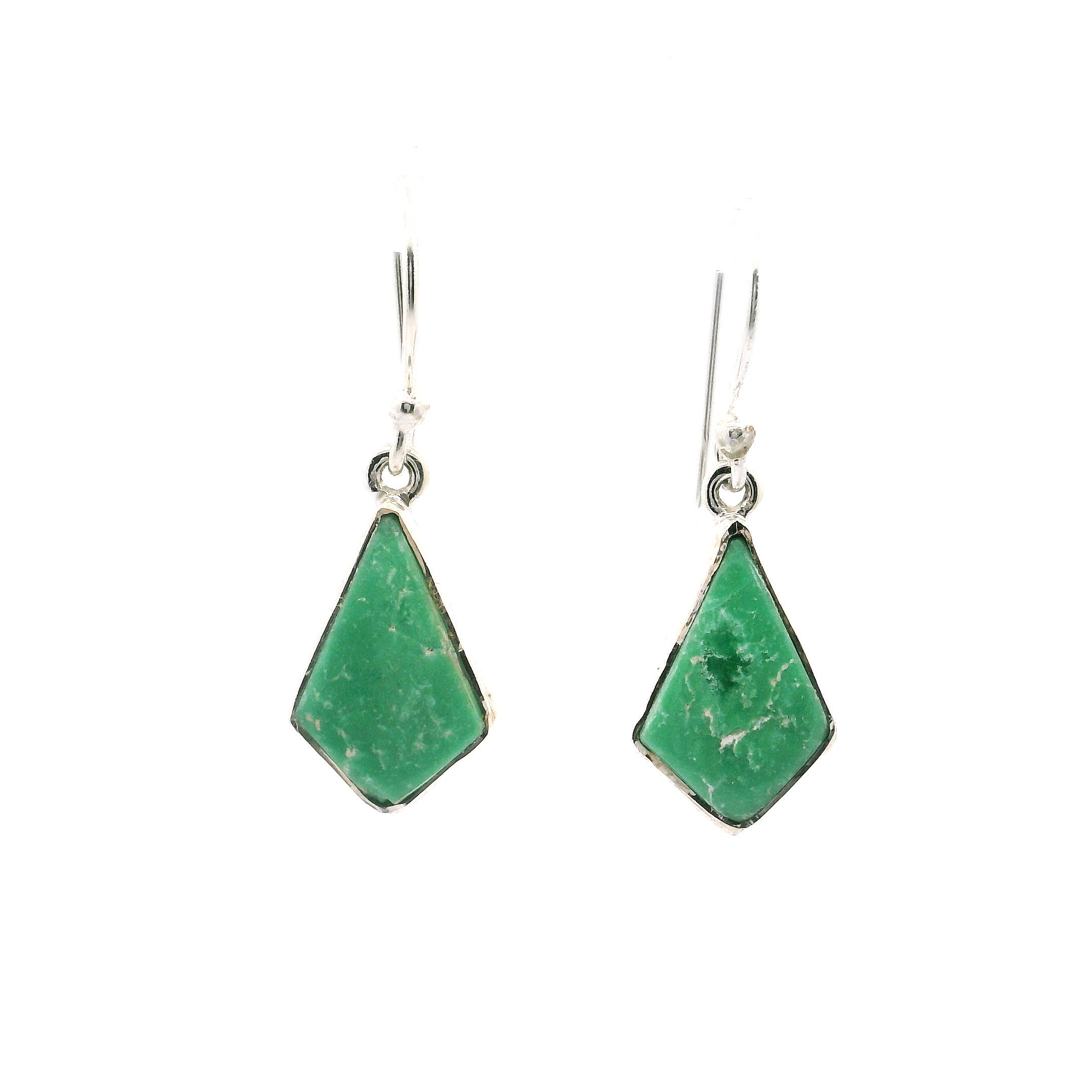 Variscite Dangle Earrings - Inverted Kite Cabochon with Bright Green Color & Thin White Inclusions Bezel Set in 925 Sterling Silver