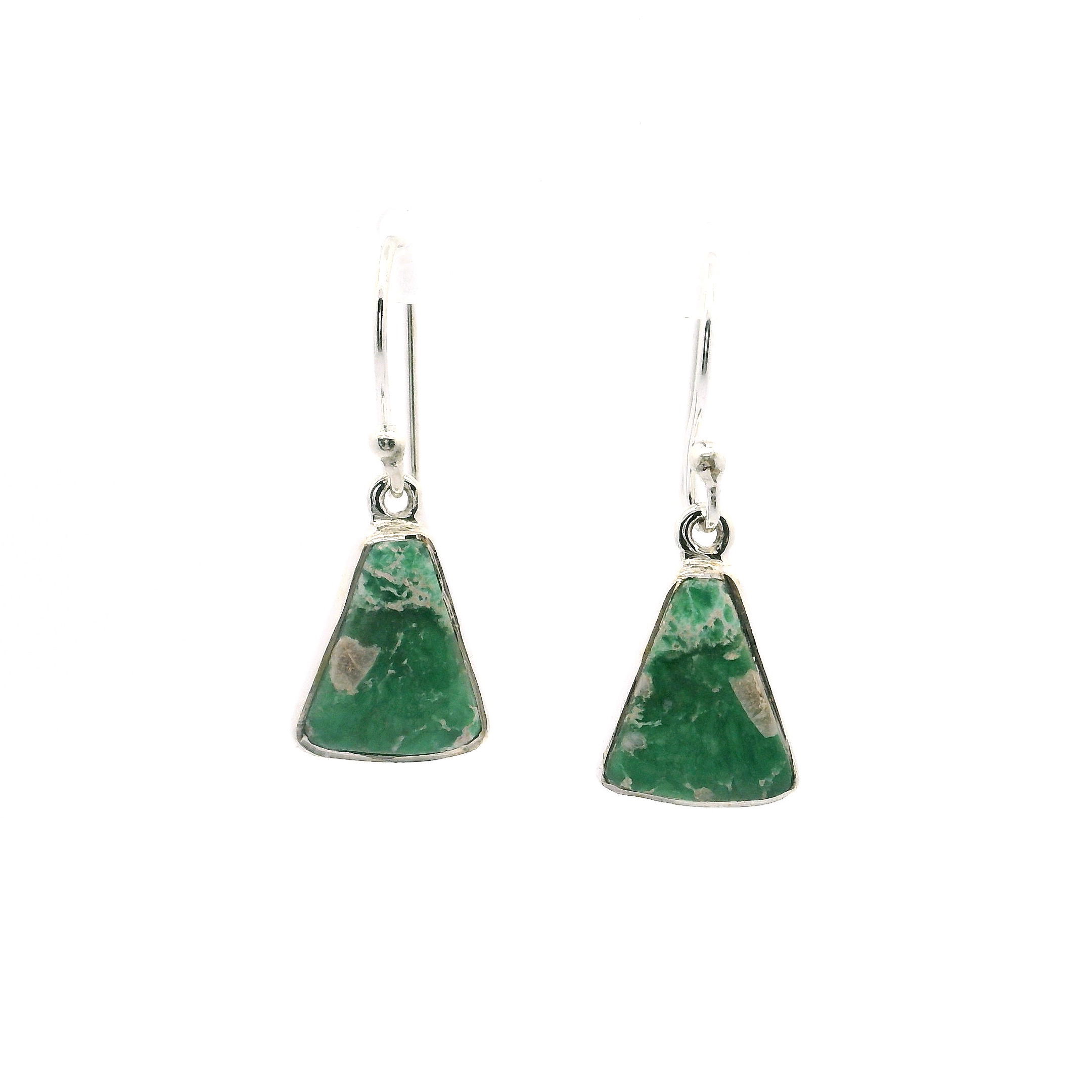 Variscite Dangle Earrings - Parallelogram Cabochon with Bright Green Color & Beige Inclusions Bezel Set in 925 Sterling Silver