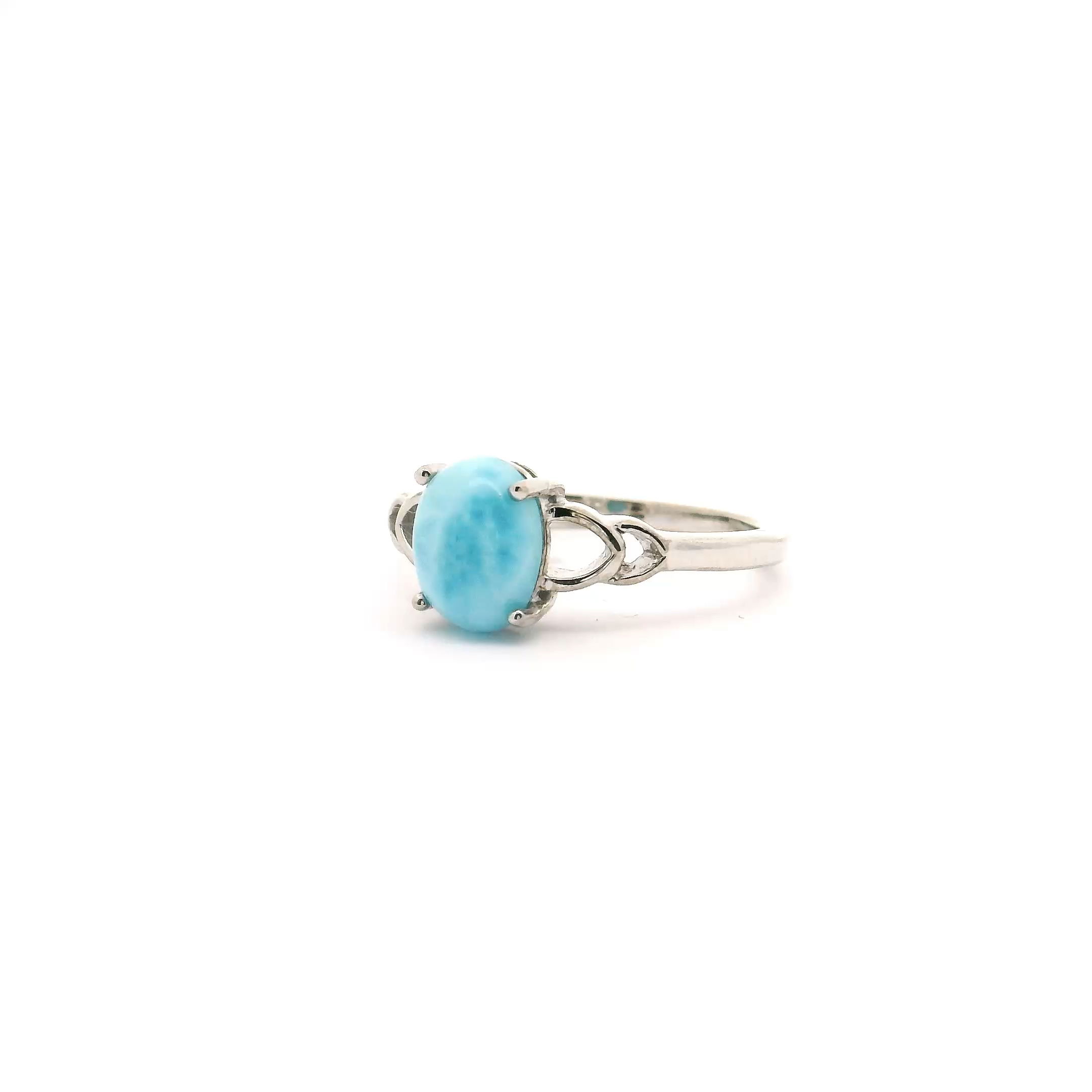 Larimar Ring - Oval Cabochon Prong Set with Double Heart Accent in 925 Sterling Silver sz6
