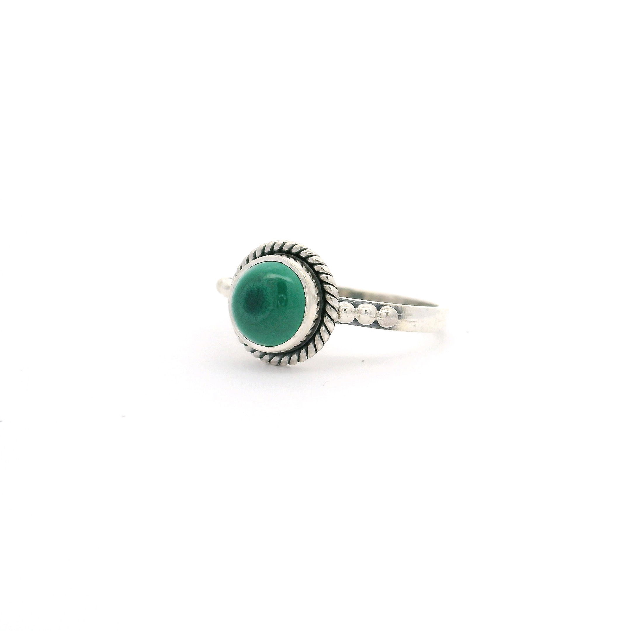 Malachite Ring - Dainty Light Green Round Cabochon with Single Dark Eye Bezel Set with Rope Detail on Triple Beaded Band in 925 Sterling Silver sz6