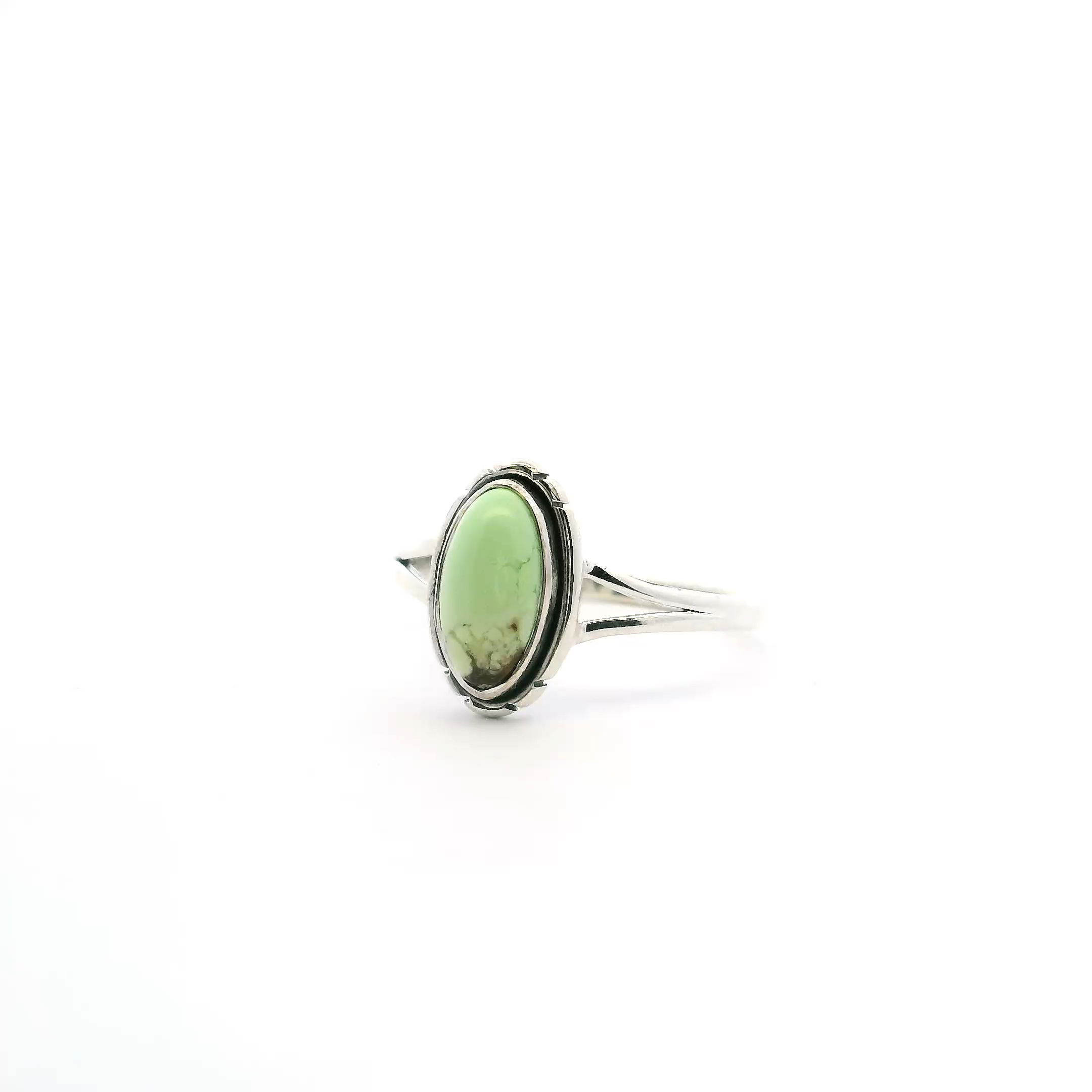 Lemon Chrysoprase Ring - Oval Cabochon with Singular Dark Brown Inclusion Bezel Set with Line Detail on Double Band in 925 Sterling Silver sz8