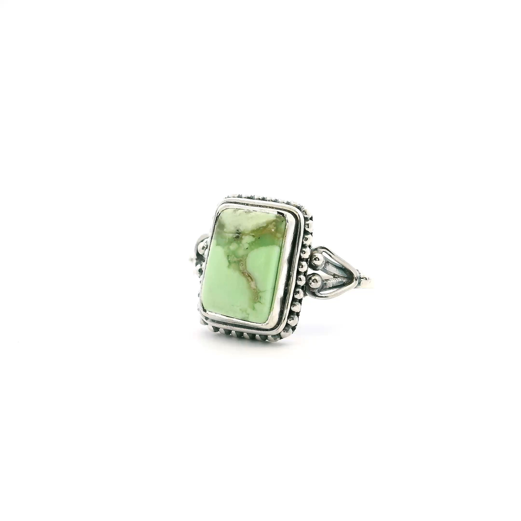 Lemon Chrysoprase Ring - Rectangle Cabochon with Tornado Inclusion Bezel Set with Beaded Accents in 925 Sterling Silver sz8