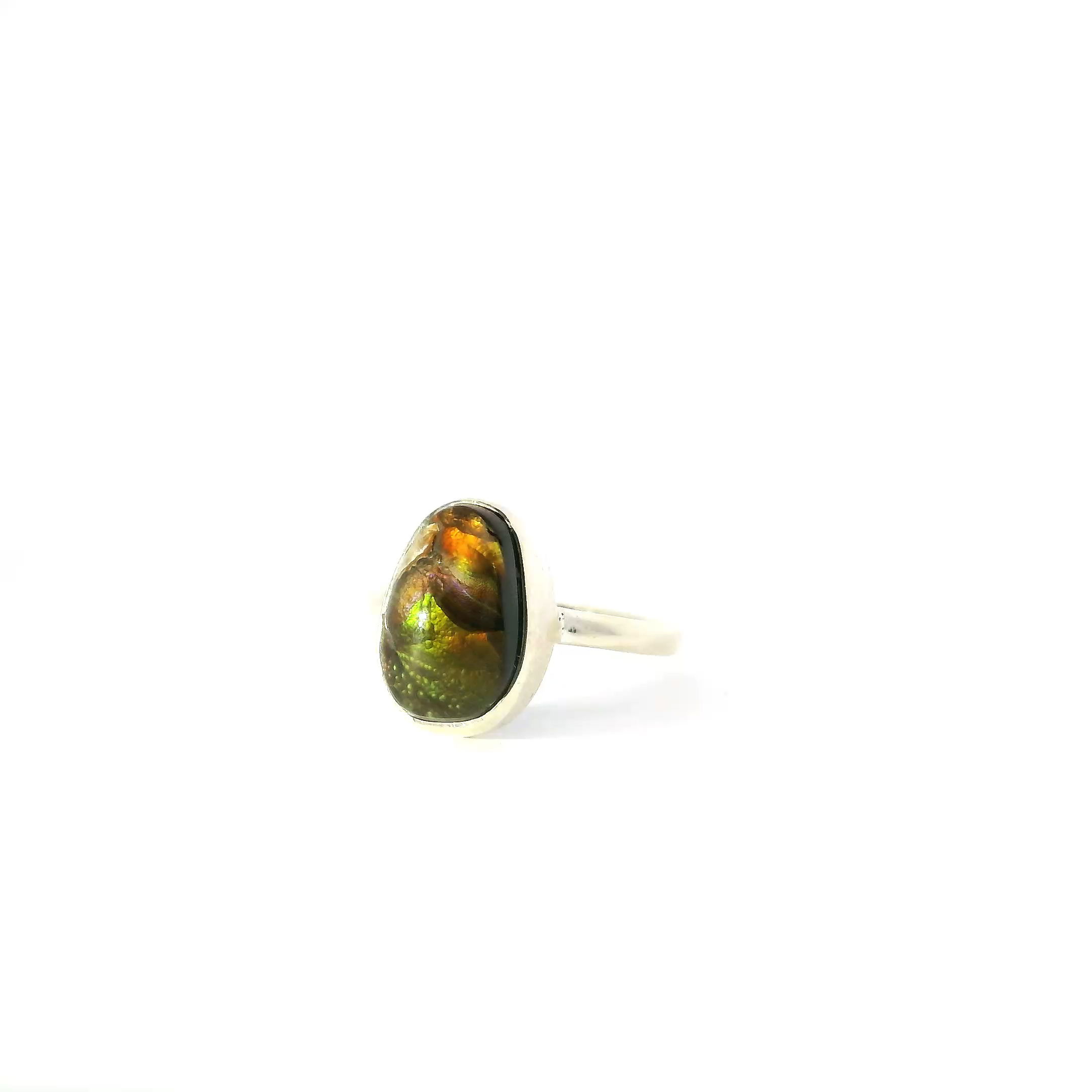 Mexican Fire Agate Ring - Freeform Cabochon with Green & Orange & Brown Bezel Set in Simple 925 Sterling Silver sz6