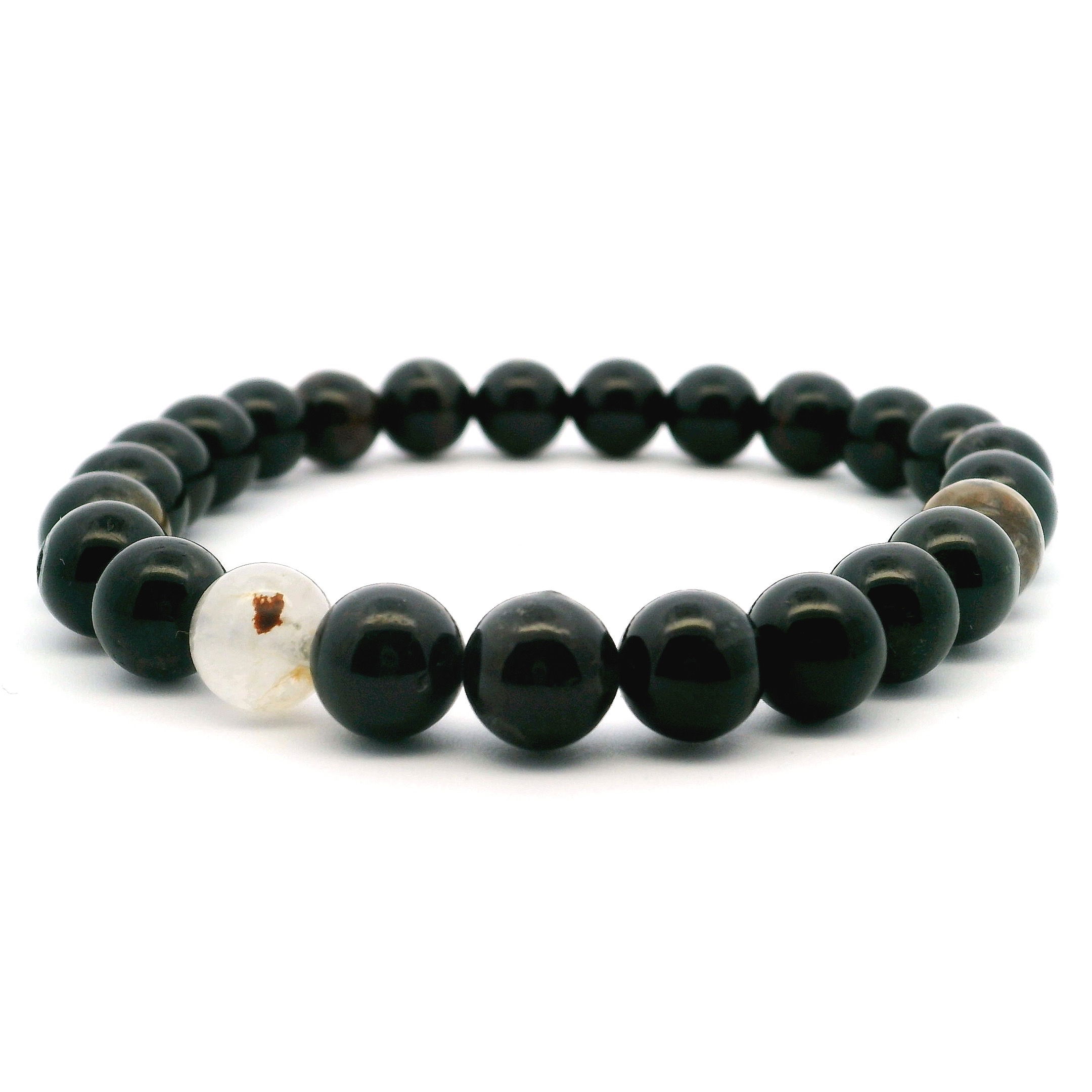 Black Tourmaline with Quartz Beaded Bracelet - 8mm Rounds