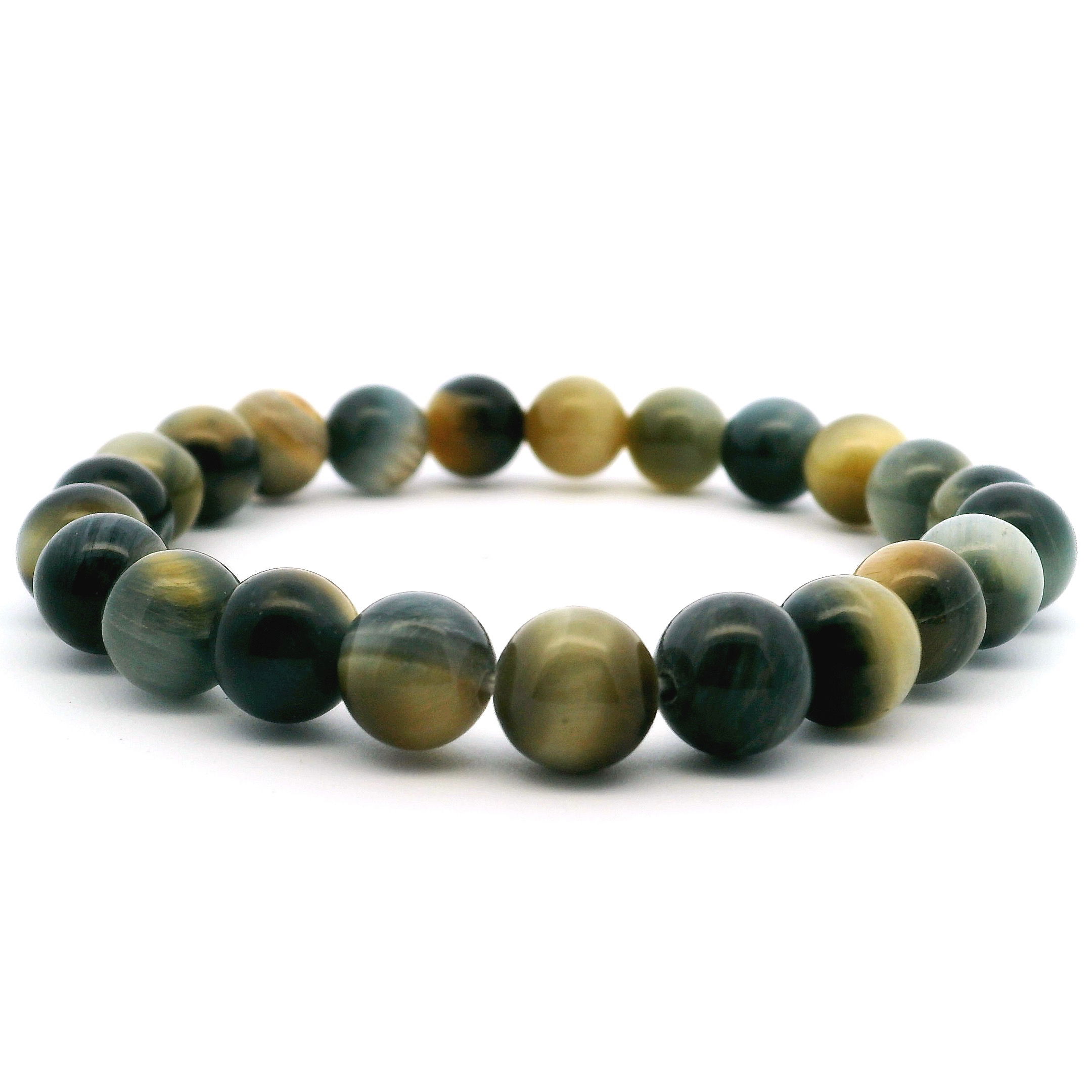 Elevate your style with our Blue Yellow Tiger’s Eye Beaded Bracelet, crafted with 8mm round beads that glimmer with rich chatoyancy. Each stone reveals a mesmerizing interplay of midnight blue and golden yellow tones, known for enhancing confidence, focus, and inner balance. Hand-strung on a strong, stretchable cord for a comfortable fit, this bracelet transitions effortlessly from casual to refined looks. Whether worn alone or layered, it’s a bold yet grounding piece that celebrates the natural beauty and empowering energy of Tiger’s Eye—an ideal gift or a striking addition to your personal collection. Blue Yellow Tigers Eye Beaded Bracelet - 8mm Round