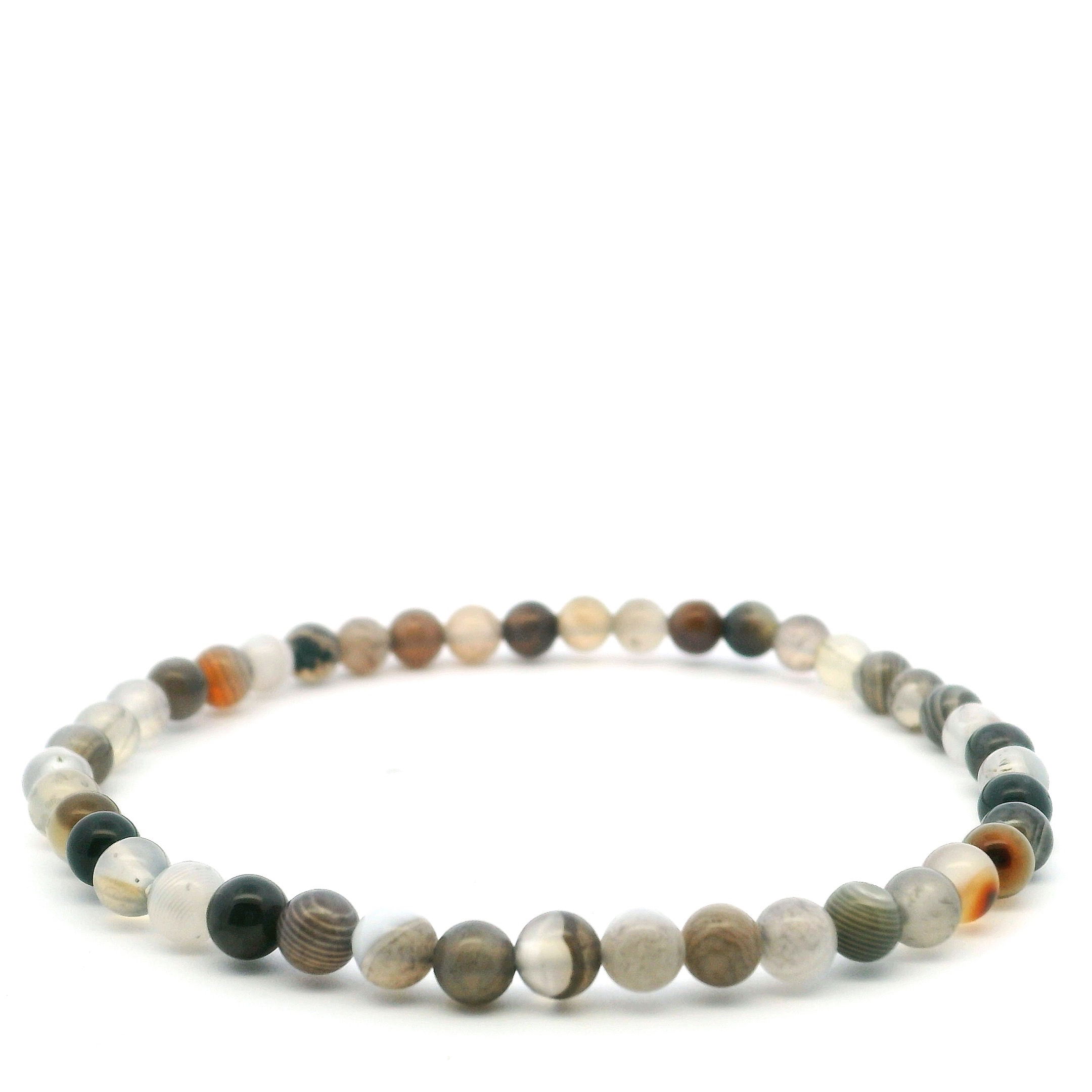 Elevate your style with our Botswana Agate Beaded Bracelet, handcrafted with graceful 4mm round beads that highlight the stone’s naturally banded elegance. Swirling hues of taupe, gray, and blush pink create a soft, grounding palette unique to each bead. Strung on a durable stretch cord for all-day comfort and versatility, this bracelet layers beautifully or stands alone as a quiet statement. A refined touch of nature’s artistry, perfect for everyday wear or meaningful gifting. Botswana Agate Beaded Bracelet - 4mm Rounds