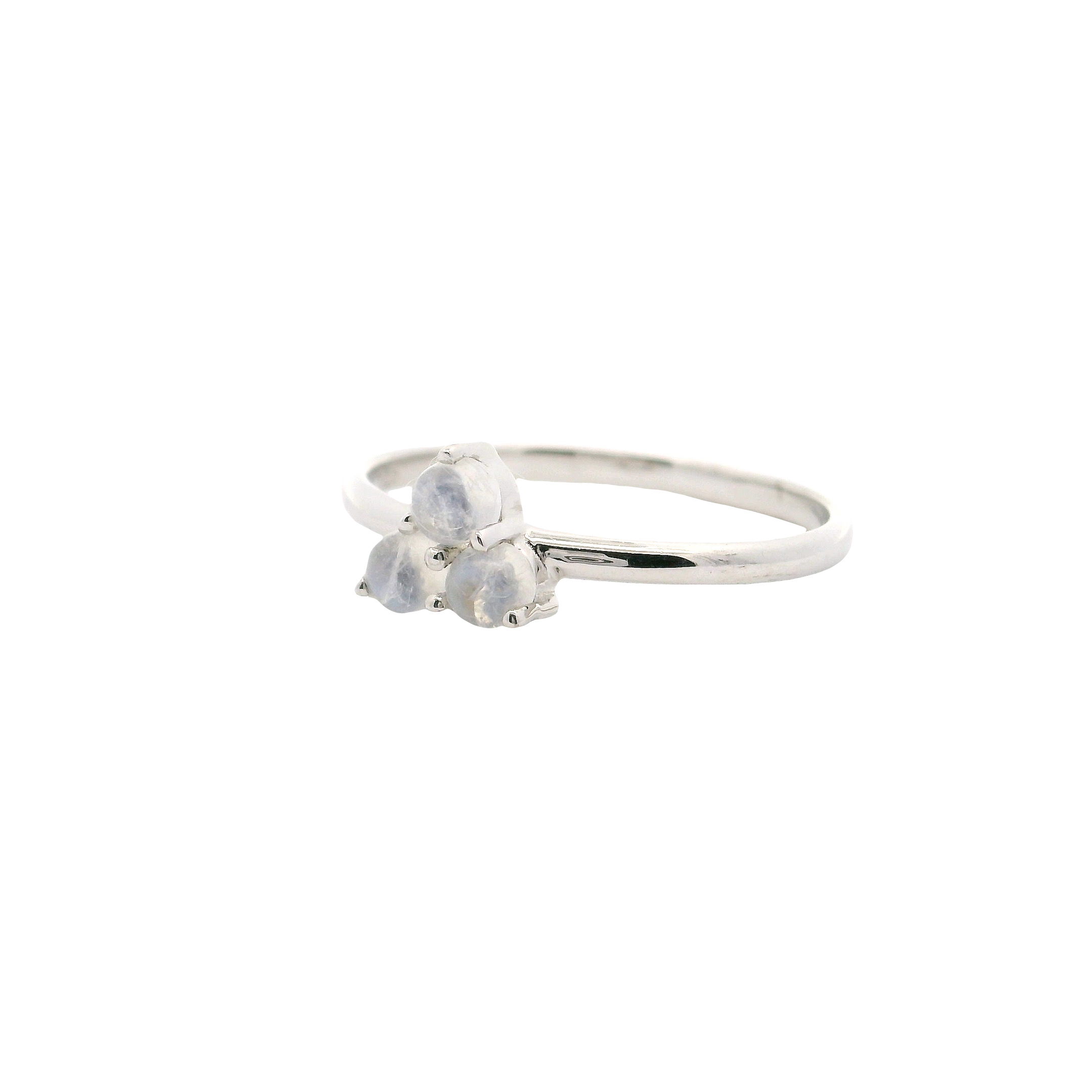 Illuminate your style with this exquisite Rainbow Moonstone Ring, featuring three captivating round cabochons expertly prong-set in polished sterling silver. Sized at 8, this elegant ring highlights the mesmerizing play of light within each natural moonstone, making it a truly enchanting piece. The simple yet sophisticated design allows the ethereal glow of rainbow moonstone to take center stage—perfect for everyday wear or special occasions. Rainbow Moonstone Ring - Triple Round Cabochons Prong Set in Simple Sterling Silver sz8