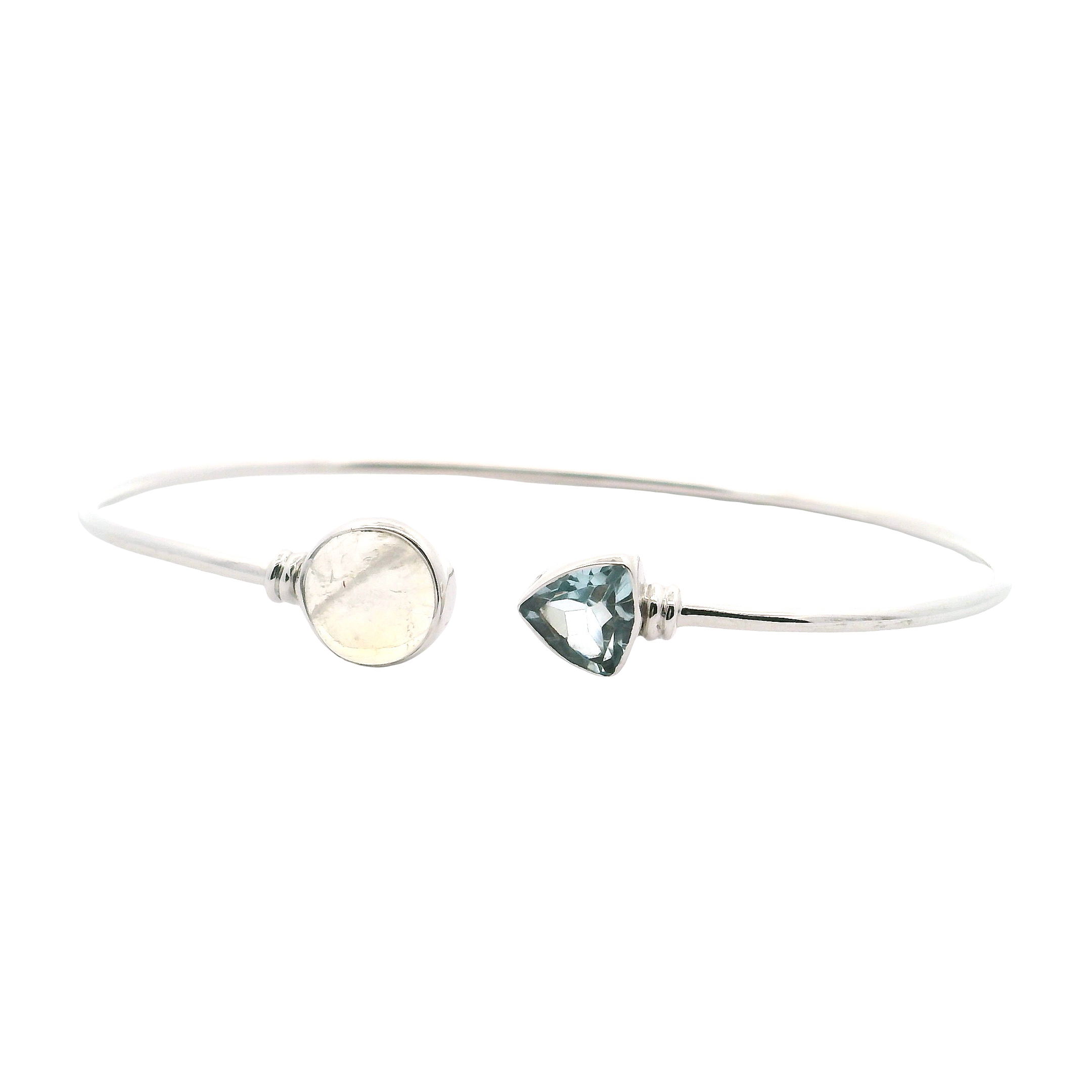 Rainbow Moonstone Twist Bracelet - Round Cabochon with Faceted Trillion Blue Topaz Bezel Set with Side Accents on Open Twist Cuff in 925 Sterling Silver
