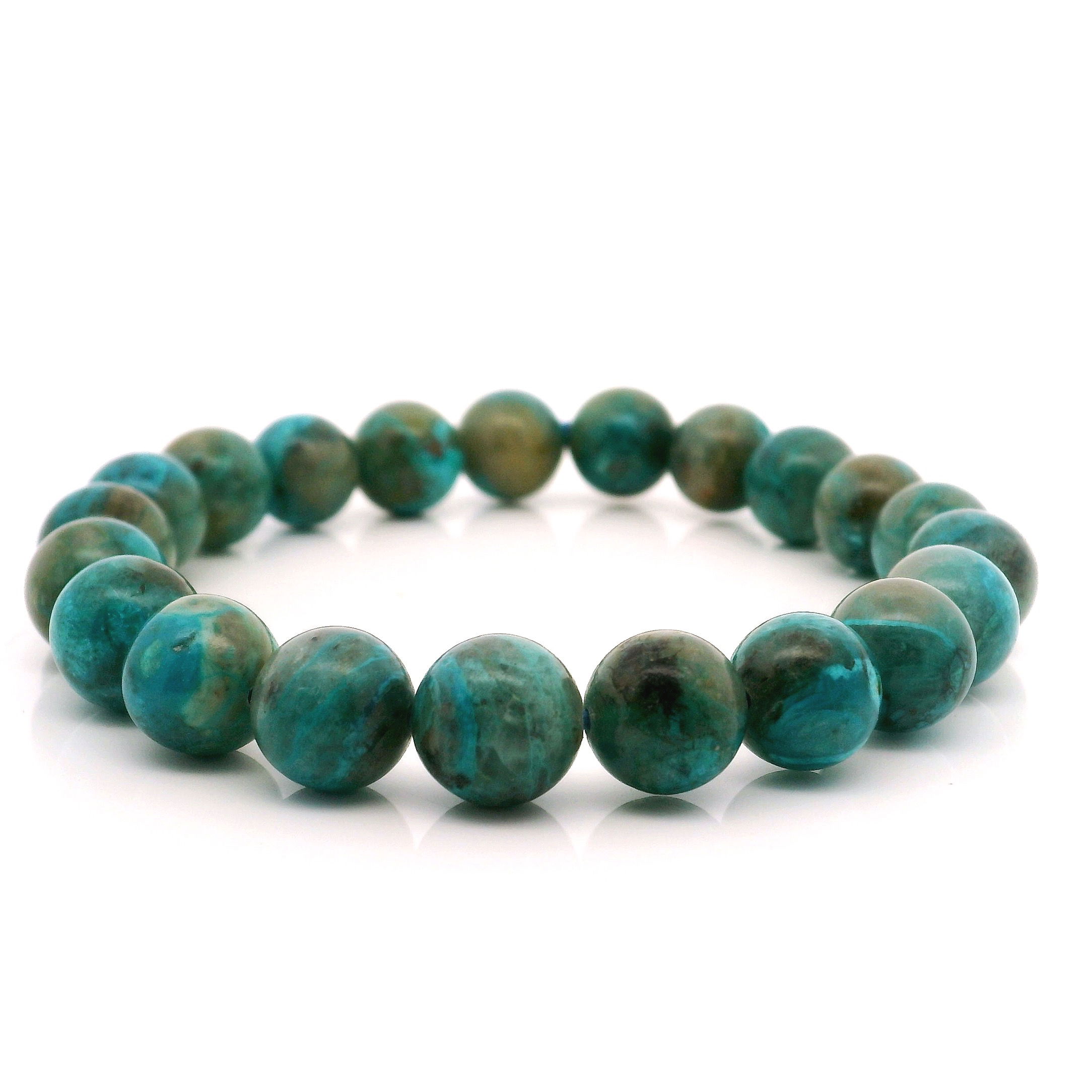 Embrace tranquility and balance with our Chrysocolla Beaded Bracelet, featuring striking 9mm round beads. Each bracelet is thoughtfully handcrafted to highlight the natural beauty and calming hues of chrysocolla, ranging from serene blues to earthy greens. Known for its soothing energy, chrysocolla promotes inner peace and communication, making this beaded bracelet more than just a stunning accessory—it's a daily reminder to carry calm and confidence wherever you go. Chrysocolla Beaded Bracelet - 9mm Rounds