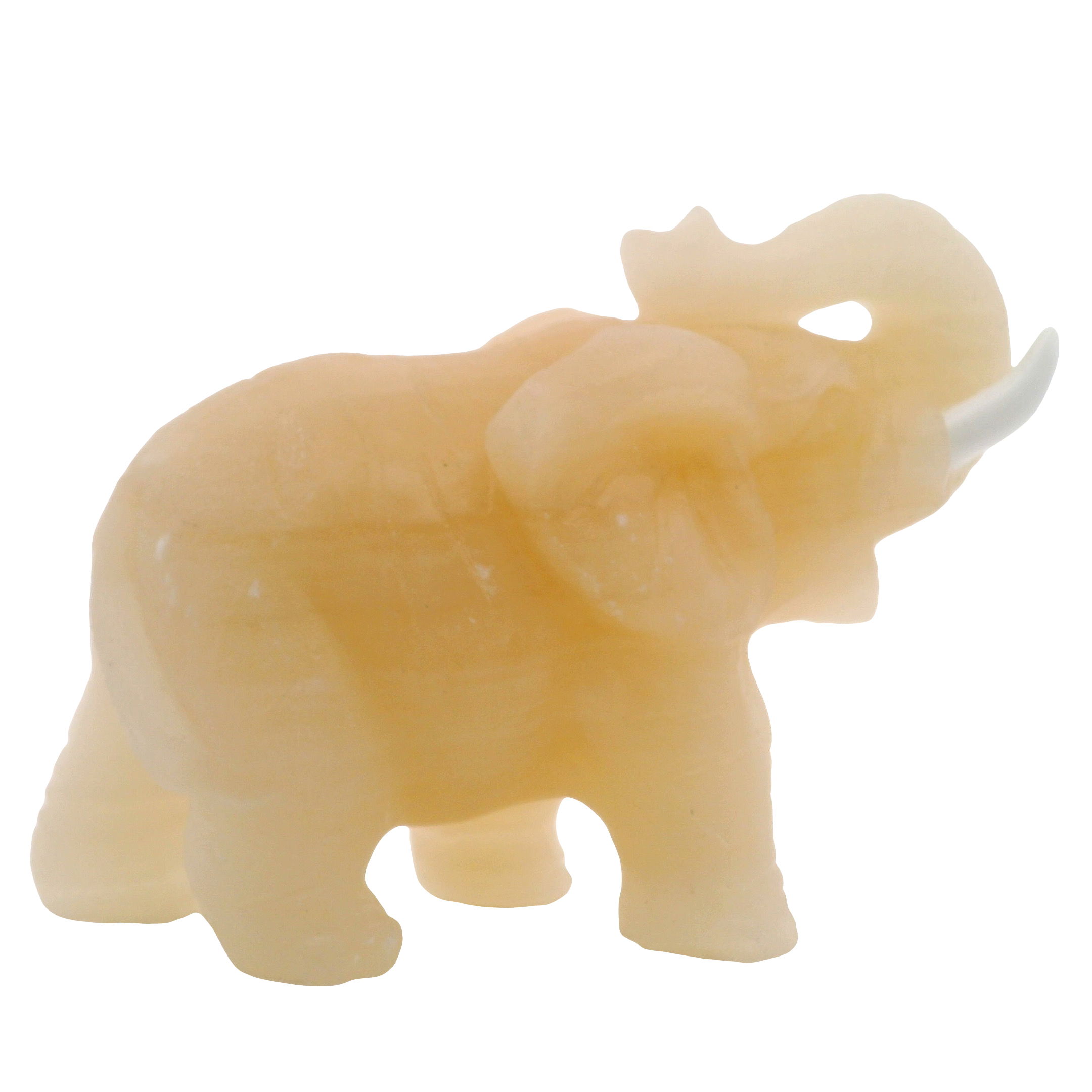 Elevate your space with the captivating beauty of our Amber Onyx Elephant Carving, expertly handcrafted to showcase the natural golden hues and swirling patterns unique to this stunning stone. This elegant sculpture features an intricately detailed elephant adorned with striking white onyx tusks, symbolizing wisdom, strength, and good fortune. Perfect as a distinctive gift or a charming accent for your home or office, each piece is one-of-a-kind, making it a timeless treasure for collectors and lovers of artisanal decor alike. Amber Onyx Elephant Carving with White Tusks