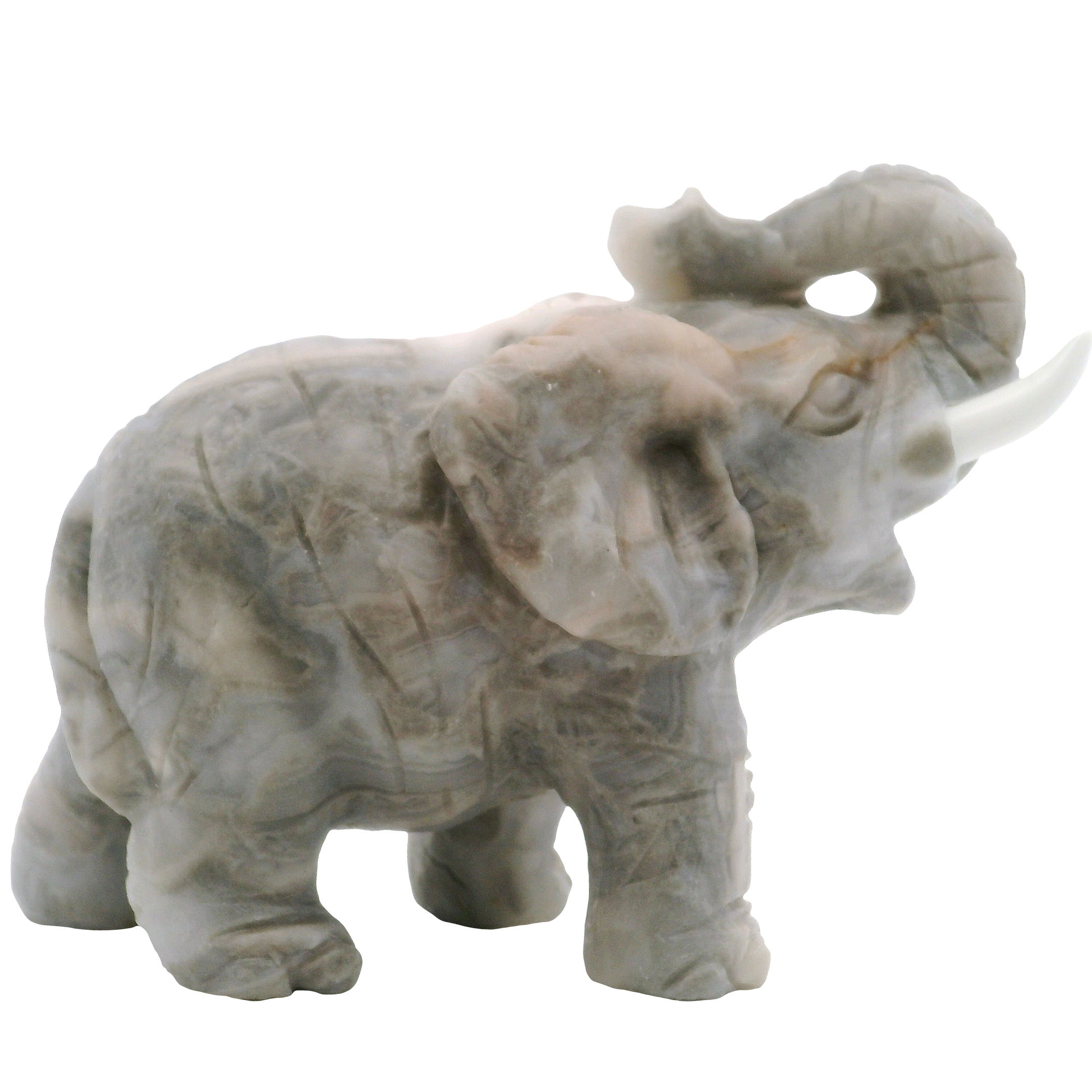 Elevate your décor with this exquisite Gray Onyx Elephant Carving, an artful blend of natural elegance and skilled craftsmanship. Expertly sculpted from premium gray onyx, this captivating piece features delicate white tusks that contrast beautifully with the stone’s rich, swirling patterns. Perfect as a meaningful gift or an eye-catching accent for your home or office, this elephant symbolizes wisdom, strength, and good fortune. Each sculpture is uniquely veined, ensuring no two pieces are exactly alike—a one-of-a-kind treasure to cherish or share. Ideal for collectors and lovers of unique, handcrafted décor. Gray Onyx Elephant Carving with White Tusks
