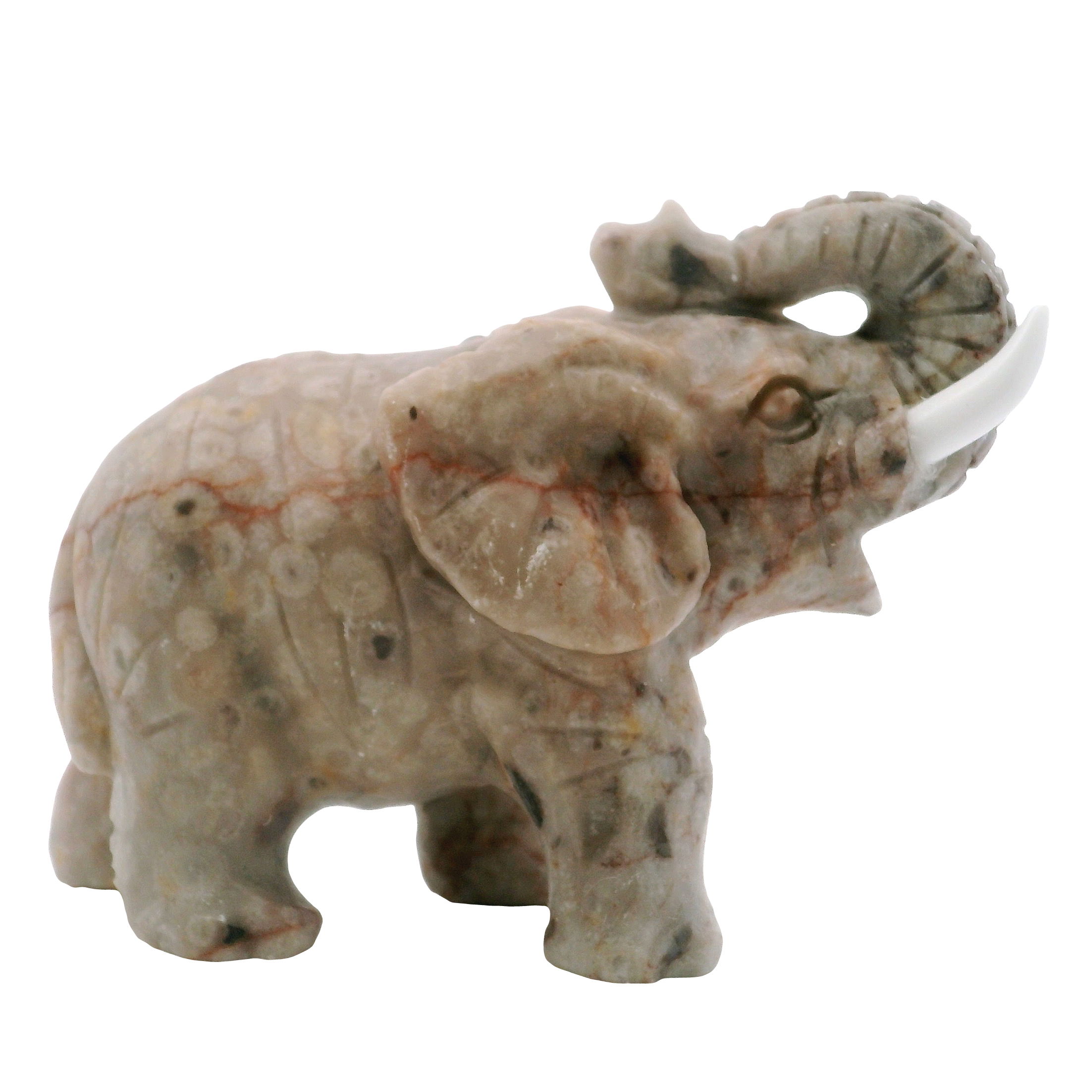 Elevate your space with the unique beauty of this Turritella Agate Elephant Carving, complete with striking white tusks that enhance its character and charm. Hand-carved from genuine Turritella Agate—celebrated for its ancient fossil inclusions and rich, earthy tones—this piece symbolizes wisdom, protection, and enduring strength. Each sculpture is a one-of-a-kind expression of nature’s artistry, making it an exceptional addition to any collection or a meaningful gift for those who appreciate handcrafted, spiritually resonant décor. A timeless accent imbued with grace and grounding energy. Turritella Agate Elephant Carving with White Tusks
