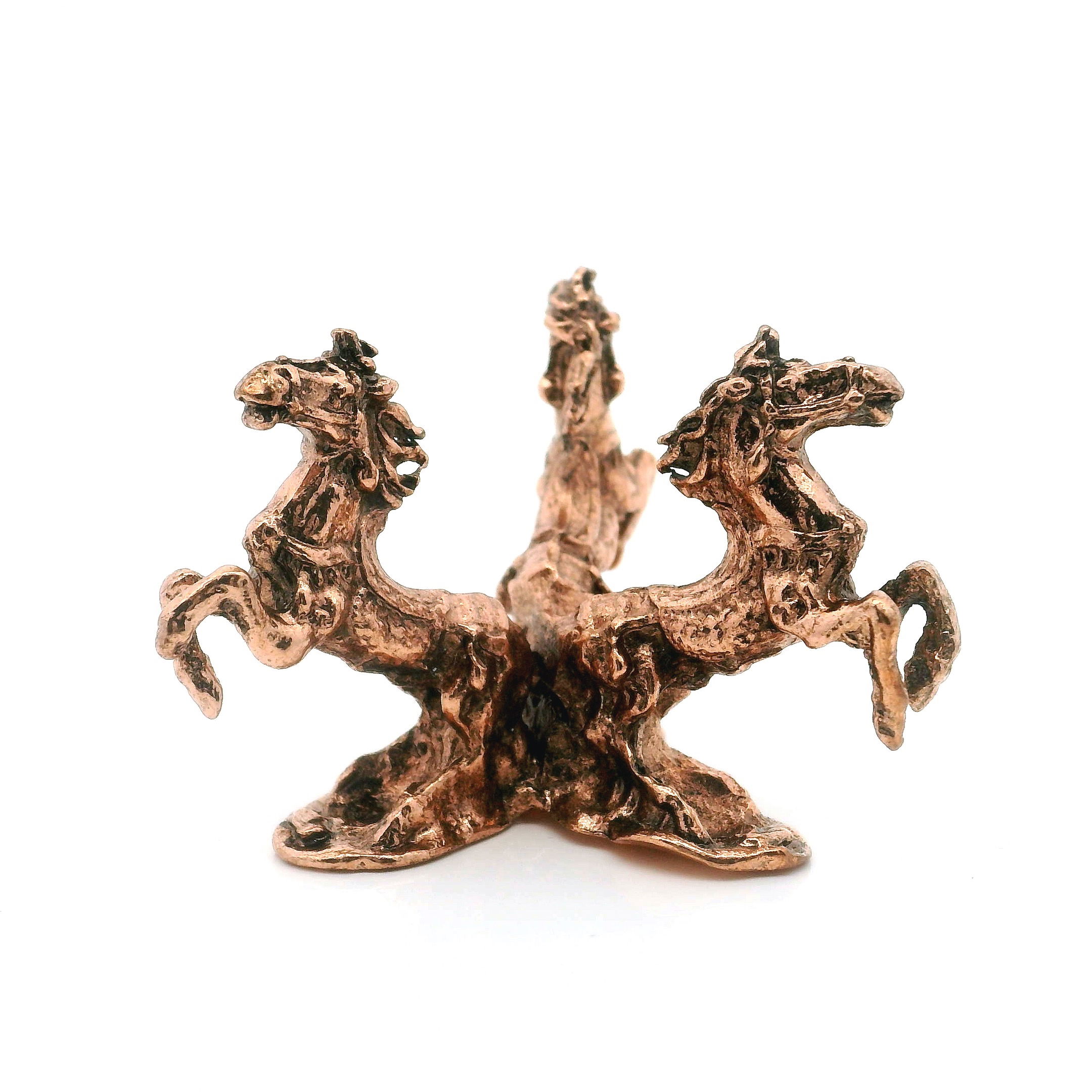 Elevate your treasured spheres with our Casted Base Metal 3 Horses Sphere Stand in a stunning rose gold finish. Expertly crafted from durable metal, this stand features three beautifully detailed horses gracefully rearing up to support your favorite crystal ball, orb, or decorative sphere. The lustrous rose gold plating adds a modern touch of luxury, while the intricate design brings a sense of movement and elegance to any display. Casted Base Metal 3 Horses Sphere Stand - Rose Gold