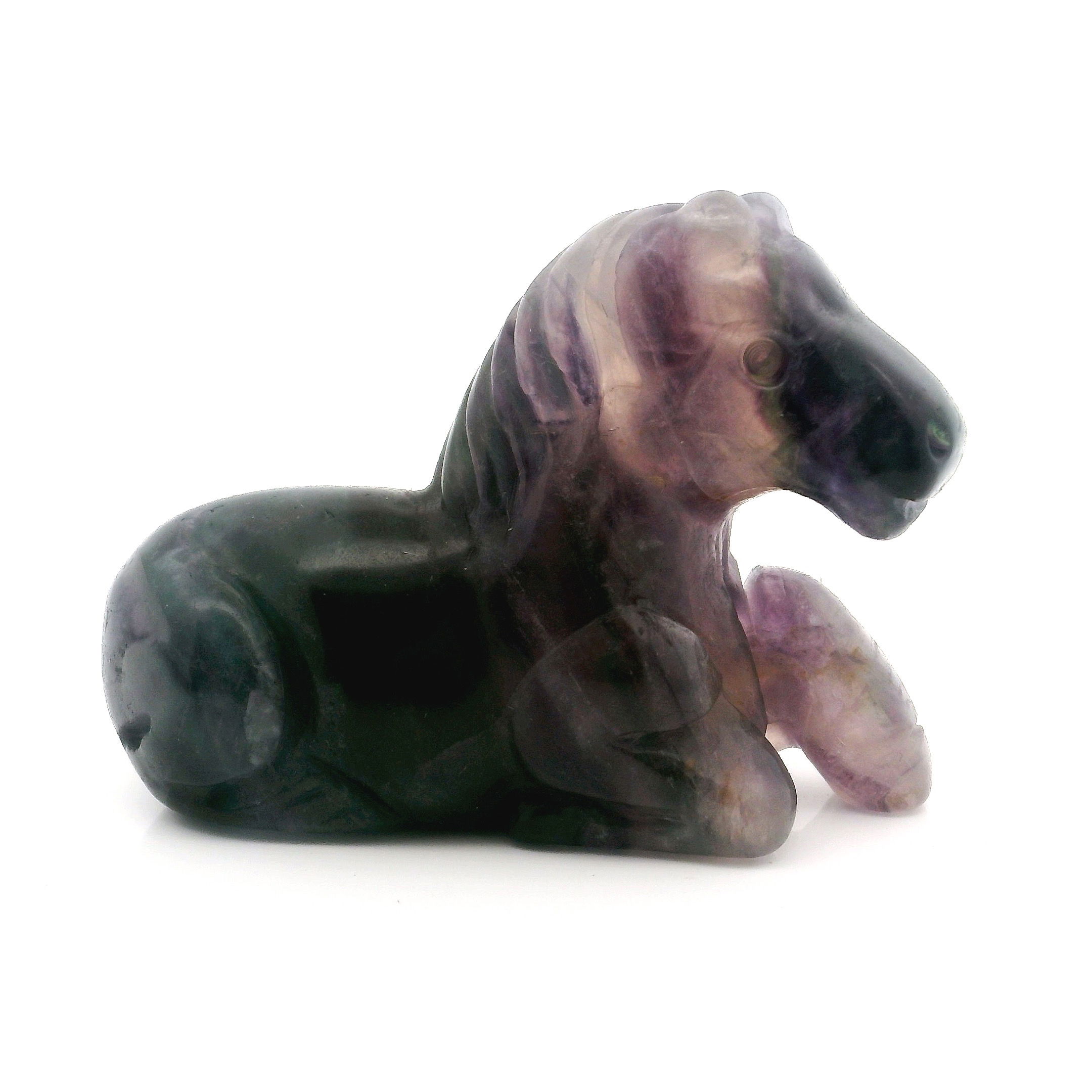 Celebrate the beauty of artisanship and nature with our Rainbow Fluorite Horse Carving in a serene laying down posture. This handcrafted sculpture features captivating shades of purple, green, and blue, unique to each piece of natural fluorite. Its graceful silhouette exudes tranquility and strength, making it a perfect centerpiece for any space. Ideal for collectors, horse lovers, or as a thoughtful gift, this fluorite carving is both a stunning decorative accent and a symbol of harmony and resilience. Rainbow Fluorite Horse Carving - Laying Down Posture