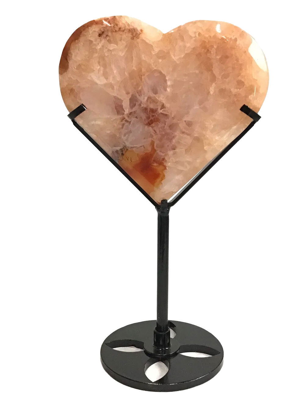 Flower Carnelian Heart on Fitted Metal Stand - Fully Peach Quartz with Large Red Splash & Black Inclusions on Reverse