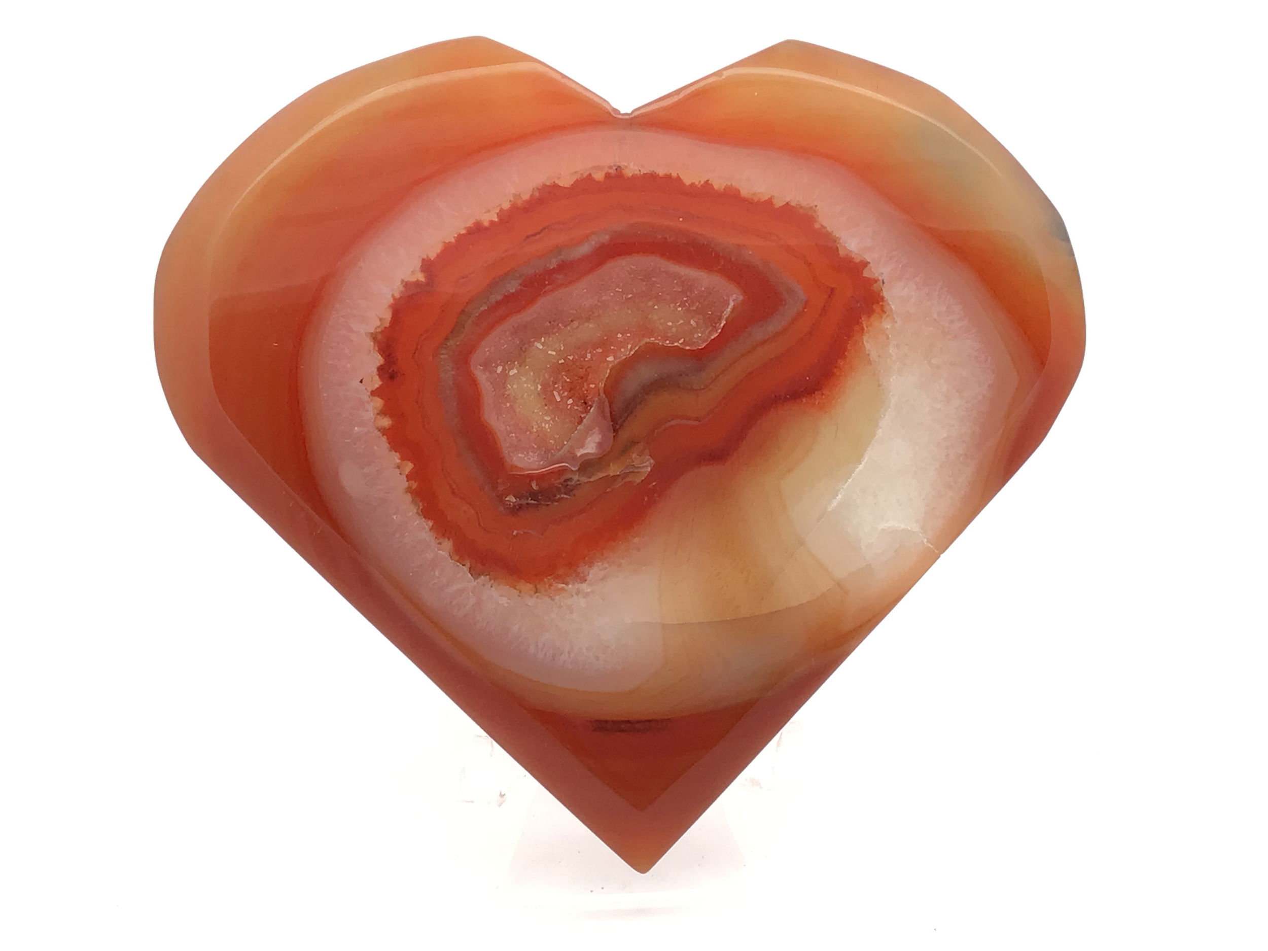 Sardonyx Carnelian Agate Heart Flat with Druze on Lucite Stand - Light Orange & Yellow Around Edges with Quartz Band Surrounding Ornage & Yellow Center Druzy Pocket