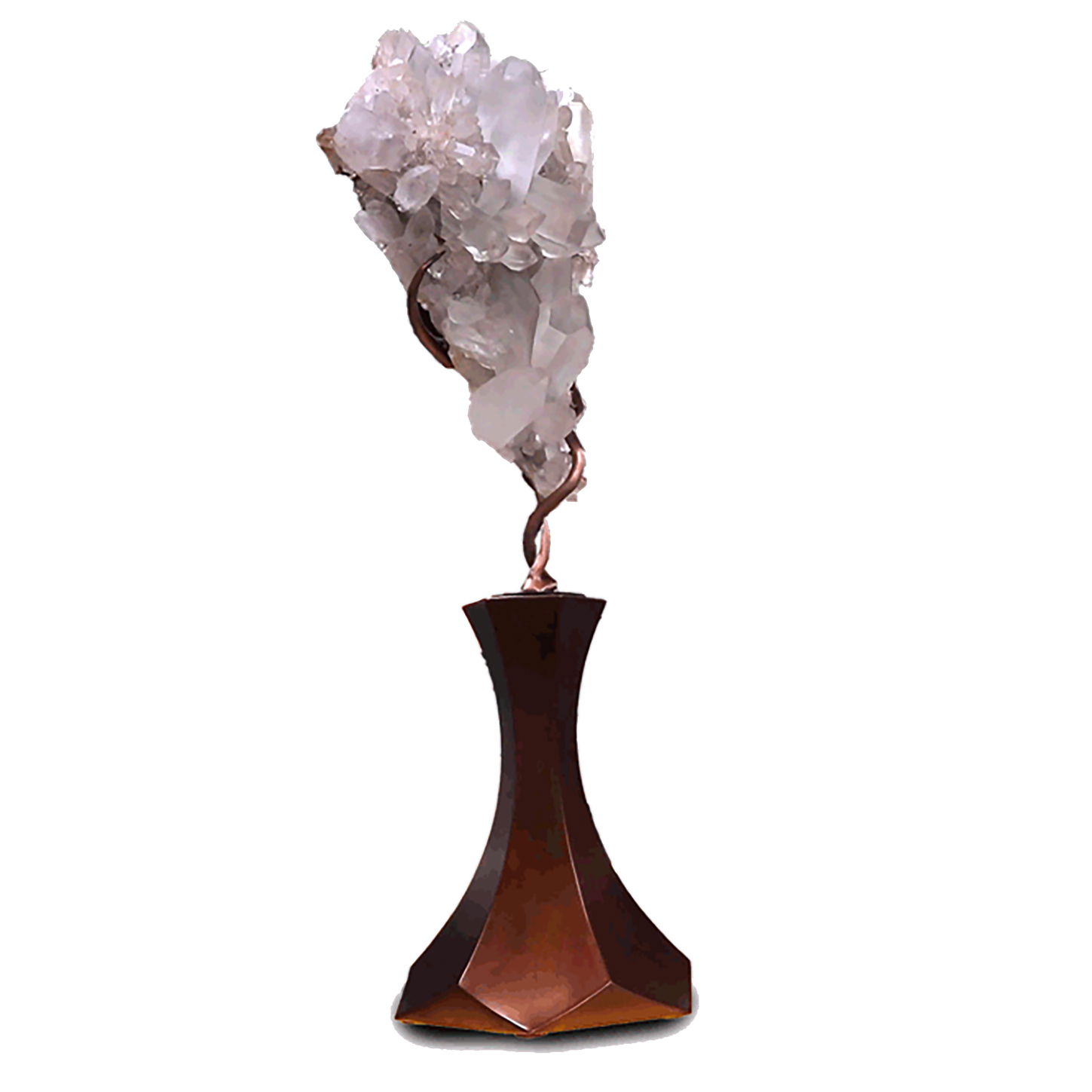 Elevate your space with this striking Brazilian Tourmalated Quartz Cluster, artfully accented by a dazzling citrine druze back. Expertly set atop a custom vine-motif, rotating hexagonal tapered base, this one-of-a-kind statement piece illuminates both modern and organic aesthetics. Prized for its harmonious interplay of smoky tourmaline inclusions within shimmering quartz, the cluster radiates protective energy, while the vibrant citrine druze brings warmth, joy, and abundance. Brazilian Tourmalated Quartz Cluster with Citrine Druze Back on Custom Vine Rotating Hexagonal Tapered Base