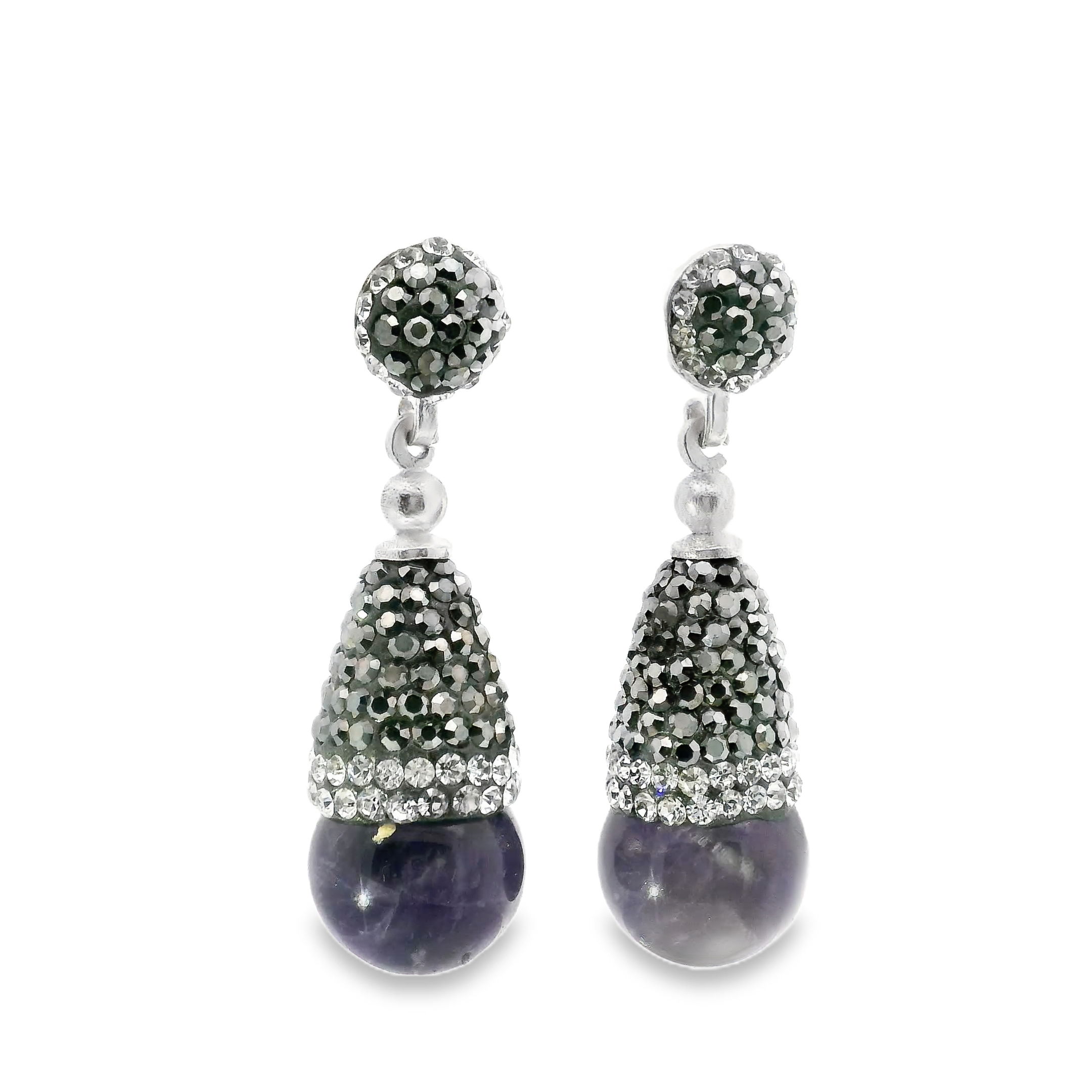 Amethyst Dangle Earrings - Amethyst Sphere Below Reverse Cone of Marcasite & Silver Swarovski Crystals with 925 Sterling Silver