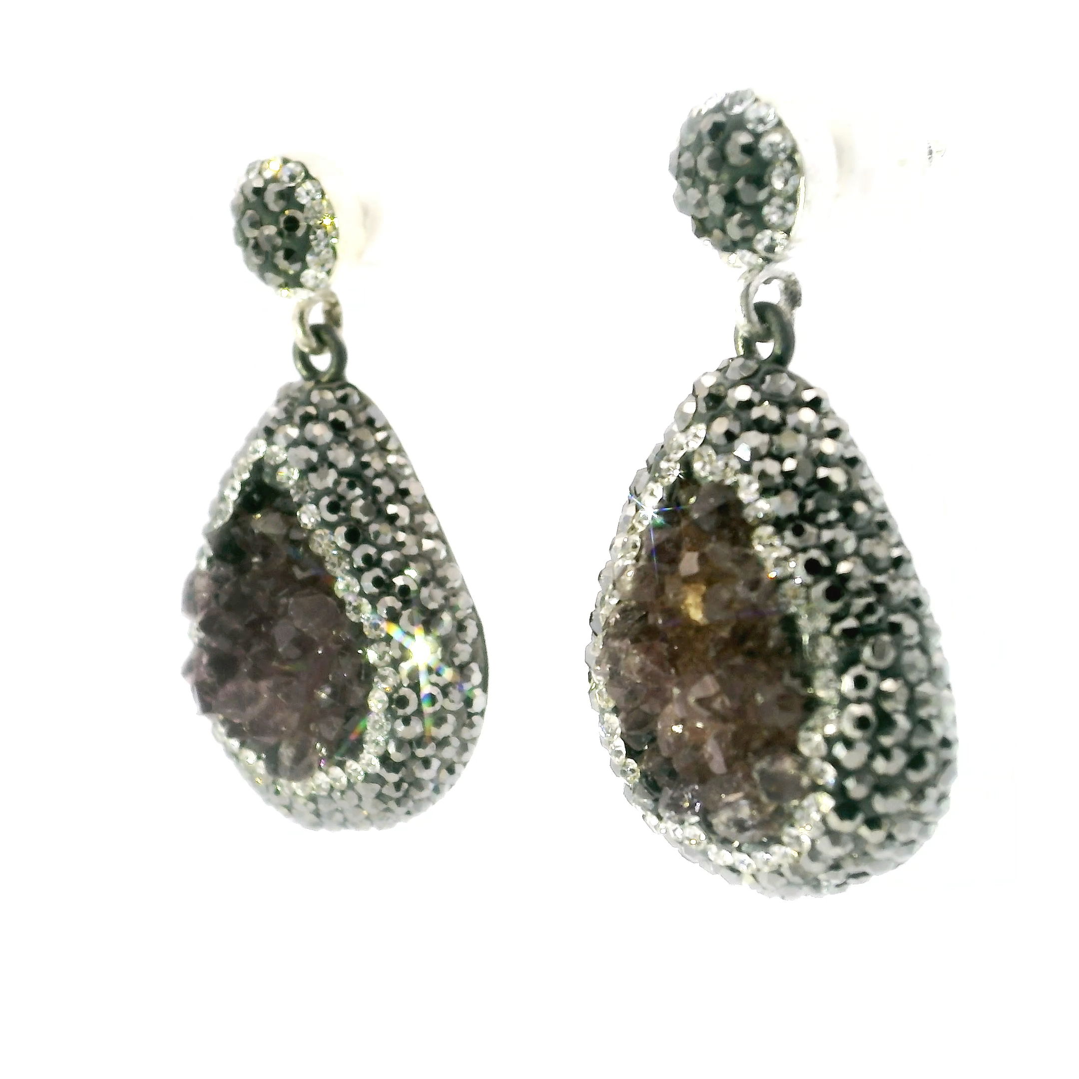 Amethyst Druze Dangle Earrings - Pear-shaped Druze with Marcasite & Silver Swarovski Crystals with 925 Sterling Silver