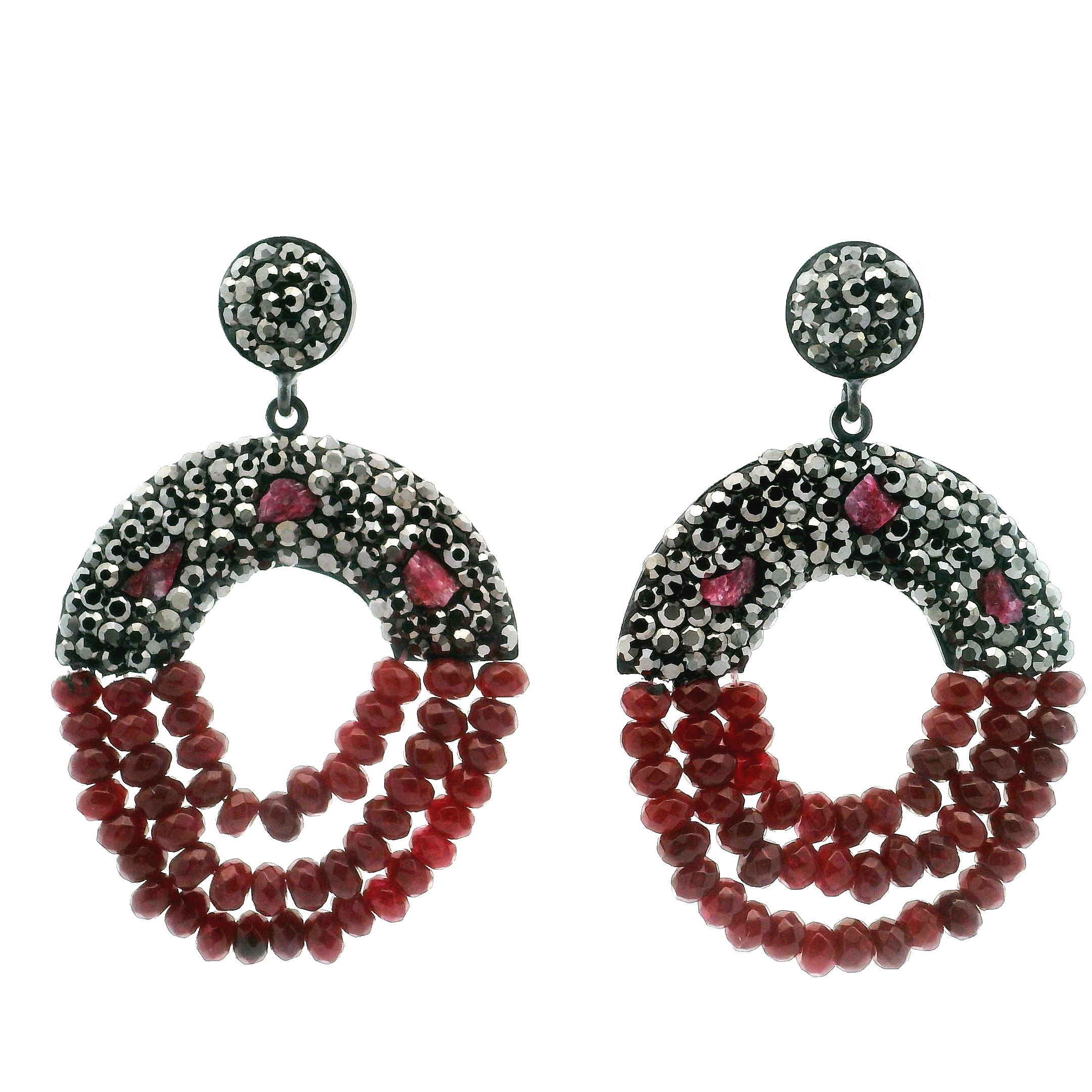 Ruby Dangle Earrings - Marcasite Half-Donut with 3 Dainty Raw Rubies & 3 Hanging Strands of Faceted Ruby Rondelles in Dark Finish over 925 Sterling Silver