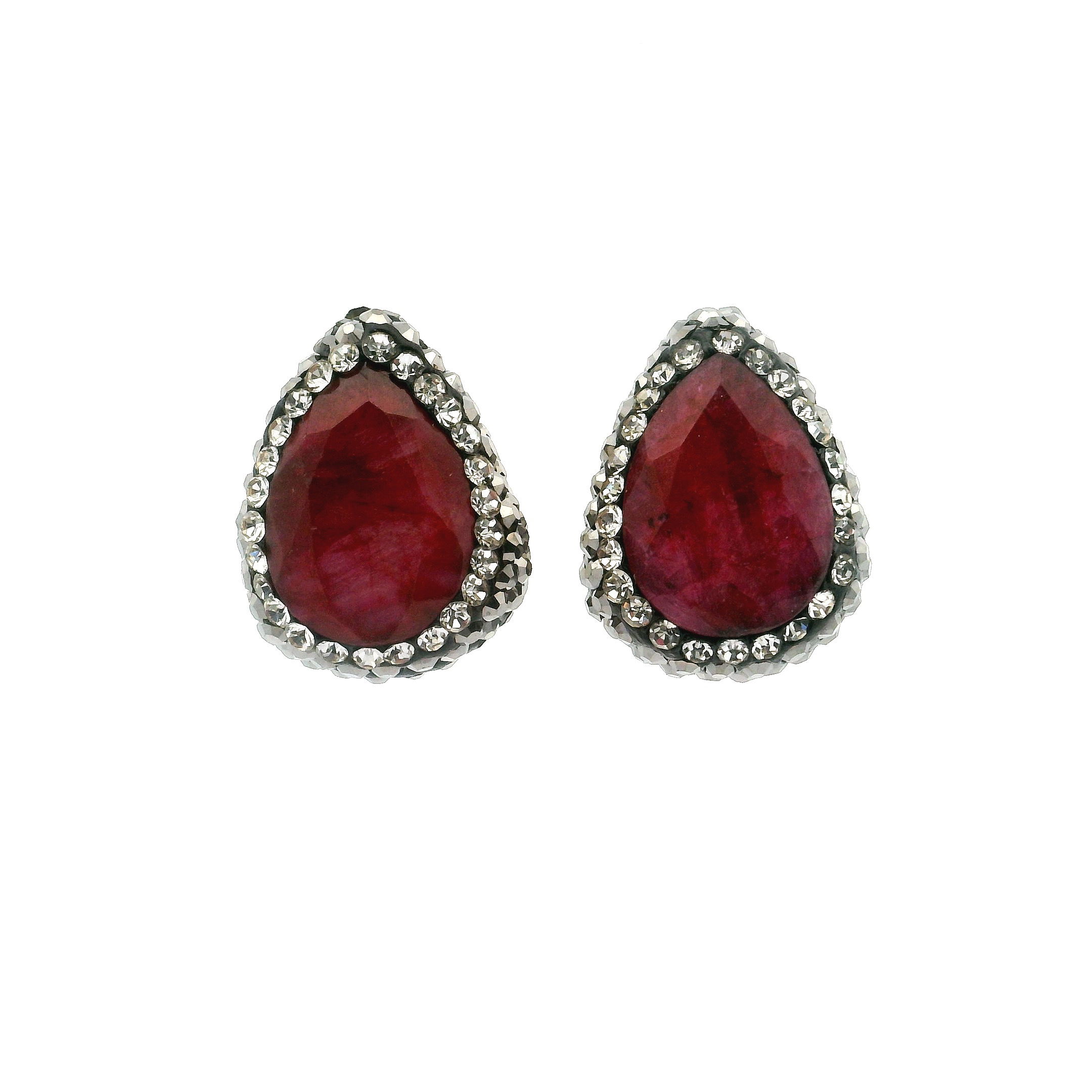 Ruby Stud Earrings - Faceted Pear Surrounded by Marcasite & Silver Swarovski Crystals in 925 Sterling Silver
