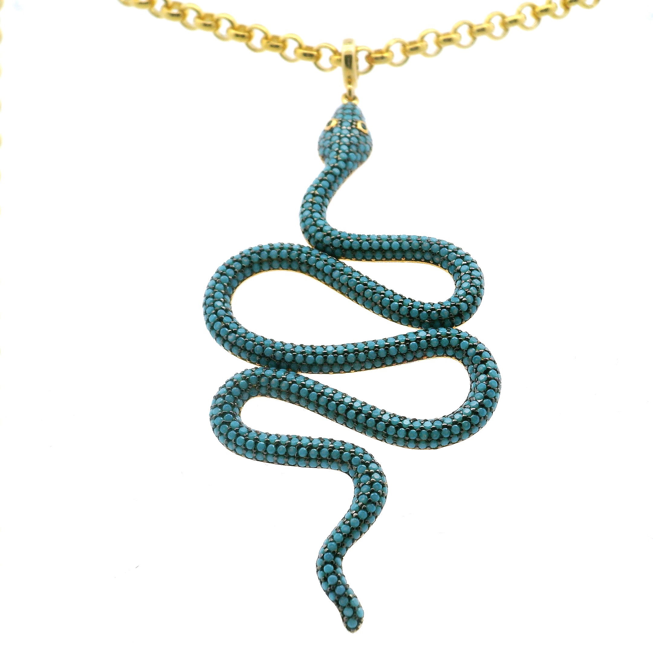 Nano Crystal Necklace - Turquoise Snake Pendant with Blue Eyes and Chain in Gold Vermeil over 925 Sterling Silver
