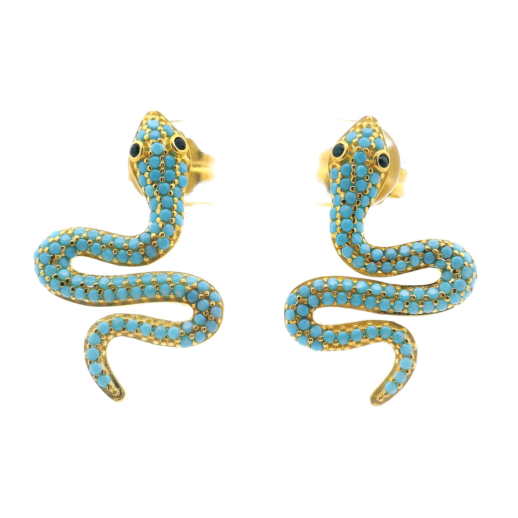 Dare to make a statement with our Nano Crystal Stud Earrings featuring a mesmerizing turquoise enamel snake, brilliantly accented with sparkling blue crystal eyes. Each serpent coils delicately, crafted in lustrous gold vermeil over pure 925 sterling silver, creating a luxurious finish that complements any look. These unique studs blend bold design with timeless elegance, perfect for women who love a touch of the extraordinary in their jewelry collection. Nano Crystal Stud Earrings - Turquoise Snake with Blue Eyes in Gold Vermeil over 925 Sterling Silver