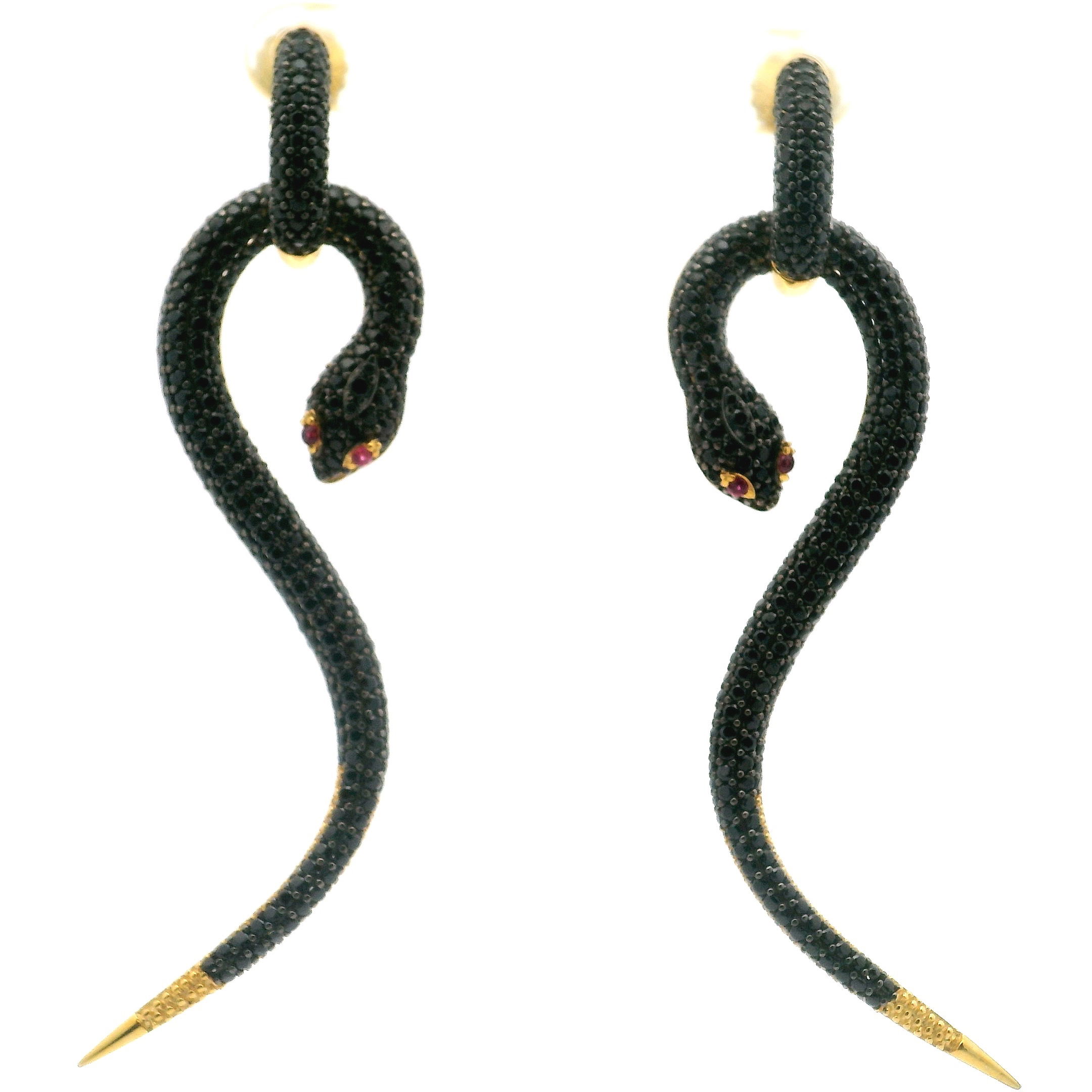 Nano Stone Dangle Earrings - Two-piece Long Black Snake with Red Eyes in Gold Vermeil over 925 Sterling Silver
