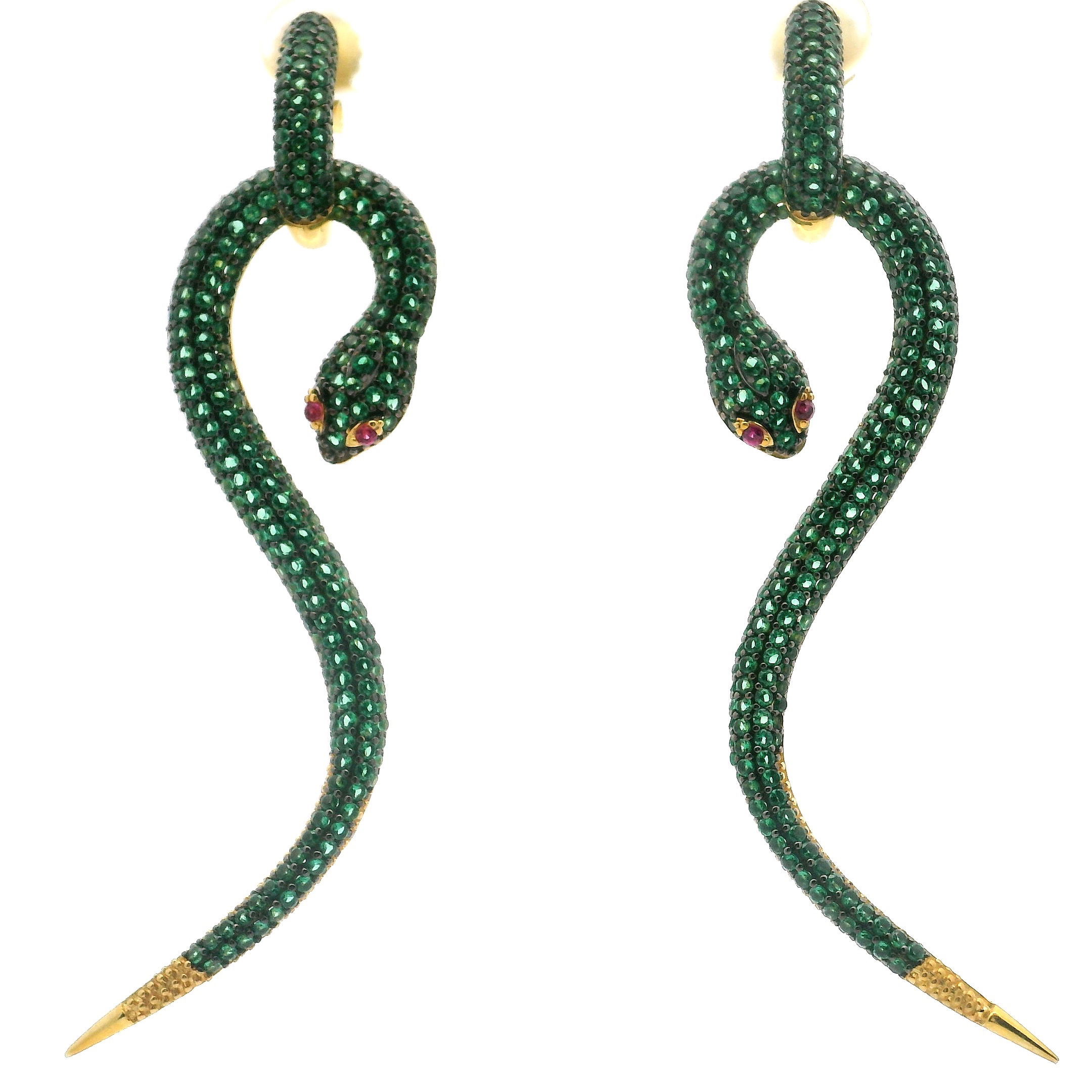 Nano Stone Dangle Earrings - Two-piece Long Green Snake with Red Eyes in Gold Vermeil over 925 Sterling Silver