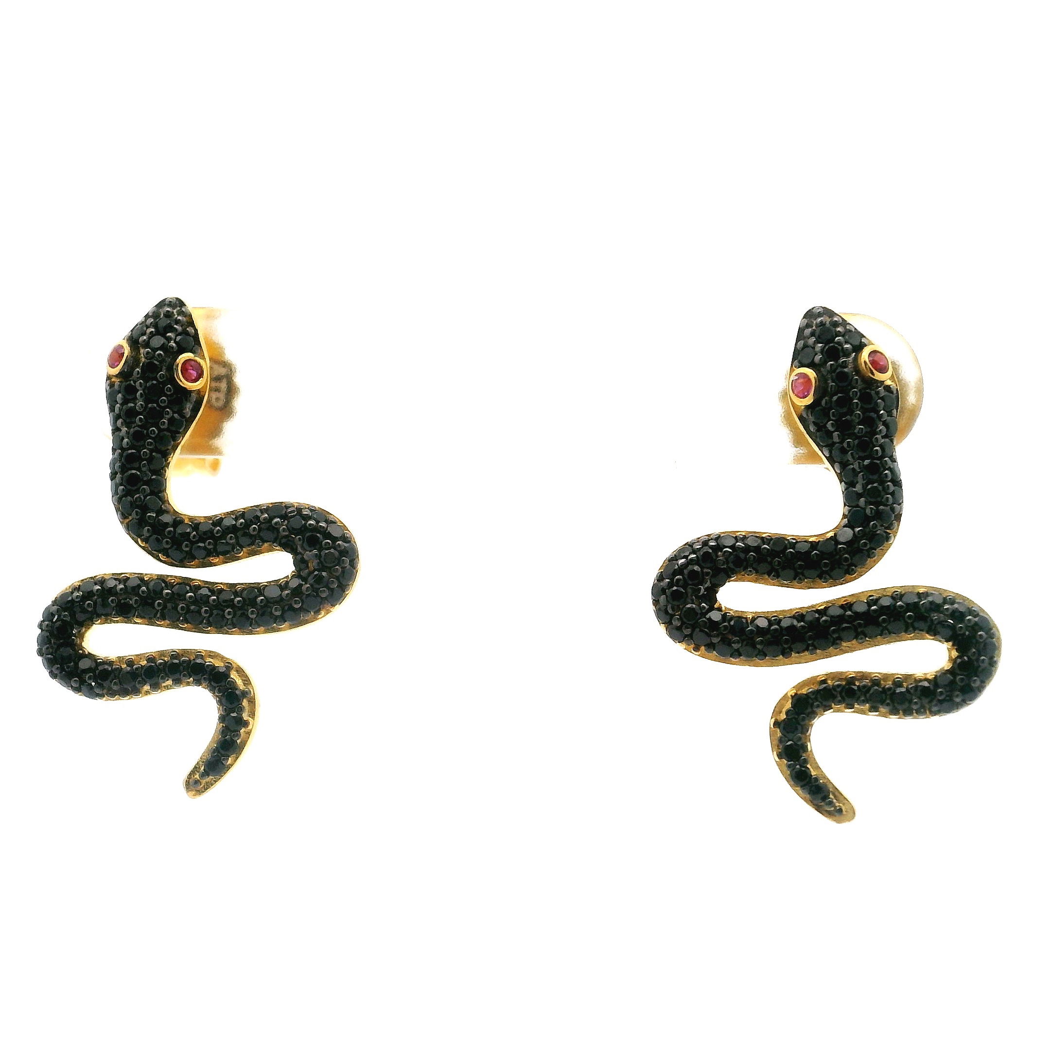Unleash your bold side with the Nano Stone Stud Earrings—Black Snake with Red Eyes. Expertly crafted in gold vermeil over 925 sterling silver, these striking earrings feature a sleek snake motif adorned with shimmering nano stones and captivating red crystal eyes. Effortlessly blending mystique and elegance, they make an unforgettable statement for any occasion. Nano Stone Stud Earrings - Black Snake with Red Eyes in Gold Vermeil over 925 Sterling Silver