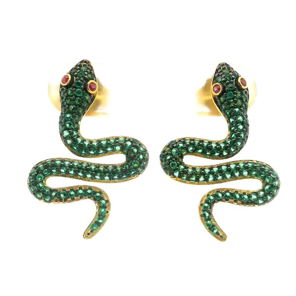 Unleash your wild side with our Nano Stone Stud Earrings—featuring a mesmerizing green snake design, each accented with brilliant red eyes. Expertly crafted in gleaming gold vermeil over 925 sterling silver, these studs are both fierce and elegant. Sparkling nano stones add a captivating shimmer, making them the perfect statement piece for any occasion. Nano Stone Stud Earrings - Green Snake with Red Eyes in Gold Vermeil over 925 Sterling Silver