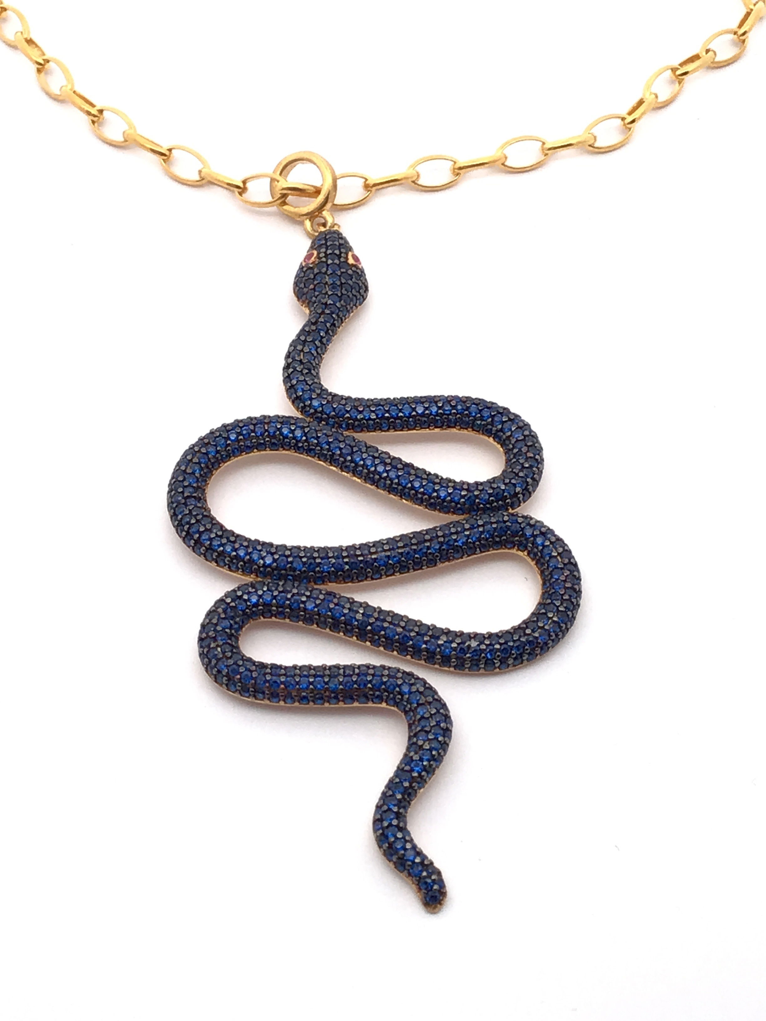Nano Stone Necklace - Blue Snake Pendant with Red Eyes & Chain in Gold Vermeil over 925 Sterling Silver