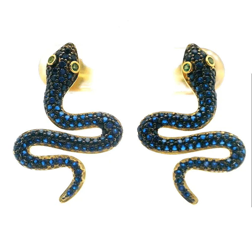 Unleash your inner mystique with these Nano Stone Stud Earrings – Blue Snake with Green Eyes. Crafted in luminous 18k gold vermeil over 925 sterling silver, each stud features a stunning blue snake motif, adorned with vivid green crystal eyes that glint with every turn. Delicate nano stones trace the snake’s scales for an irresistible shimmer, while the secure post backs ensure all-day comfort. Nano Stone Stud Earrings - Blue Snake with Green Eyes in Gold Vermeil over 925 Sterling Silver