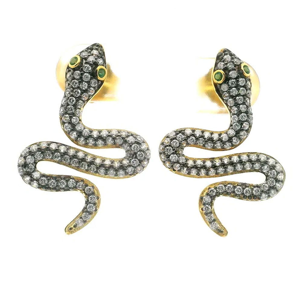 Elevate your style with these mesmerizing Nano Stone Stud Earrings, featuring intricately designed quartz snakes adorned with captivating green eyes. Crafted in luxurious gold vermeil over 925 sterling silver, each earring glimmers with a subtle radiance, seamlessly blending elegance with a hint of exotic allure. The sparkling nano quartz stones and vivid emerald-green eyes create an enchanting effect that's perfect for day-to-night wear. Nano Stone Stud Earrings - Quartz Snake with Green Eyes in Gold Vermeil over 925 Sterling Silver