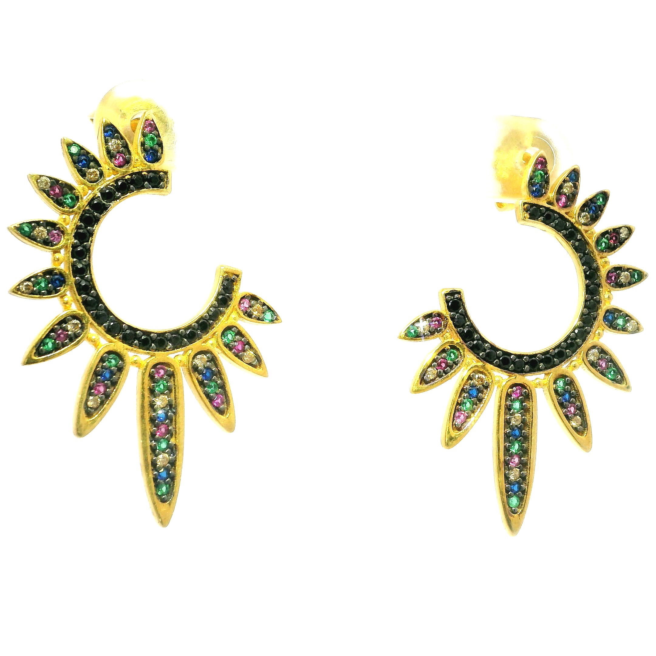 Nano Stone Dangle Earrings - Black Nano Stone Half Sun with Multicolored Rays in Gold Vermeil over 925 Sterling Silver