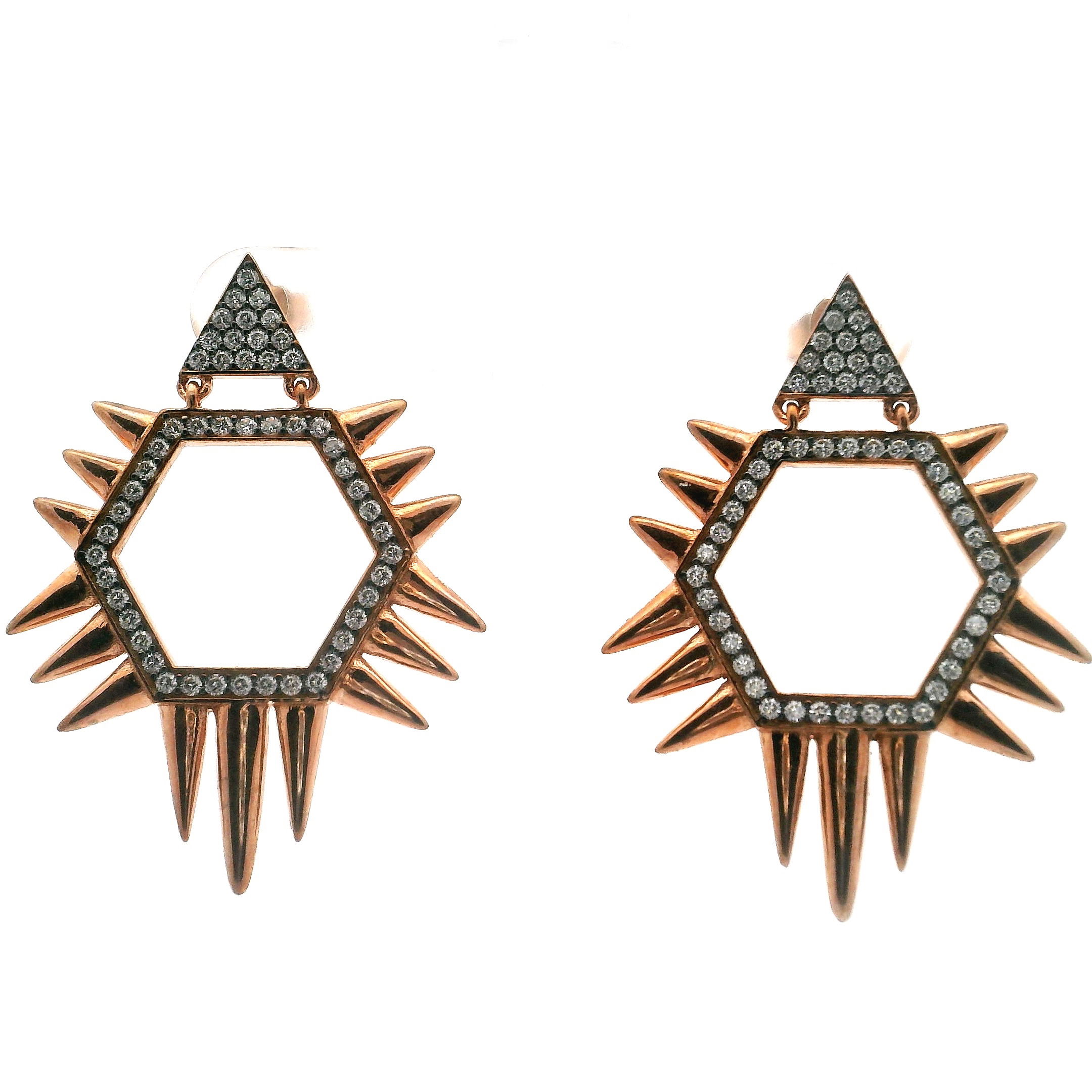 Elevate your style with our Nano Stone Dangle Earrings, featuring striking quartz triangles and hexagons adorned with edgy spiked edges for a captivating modern look. Each geometric crystal dangles gracefully from a base of 925 sterling silver, luxuriously finished with a radiant rose gold overlay. Lightweight yet eye-catching, these earrings seamlessly fuse bold design with feminine elegance, perfect for adding an artful sparkle to everyday ensembles or completing your favorite evening outfit. Nano Stone Dangle Earrings - Quartz Triangle & Hexagon with Spiky Edges & Rose Gold Overlay over 925 Sterling Silver