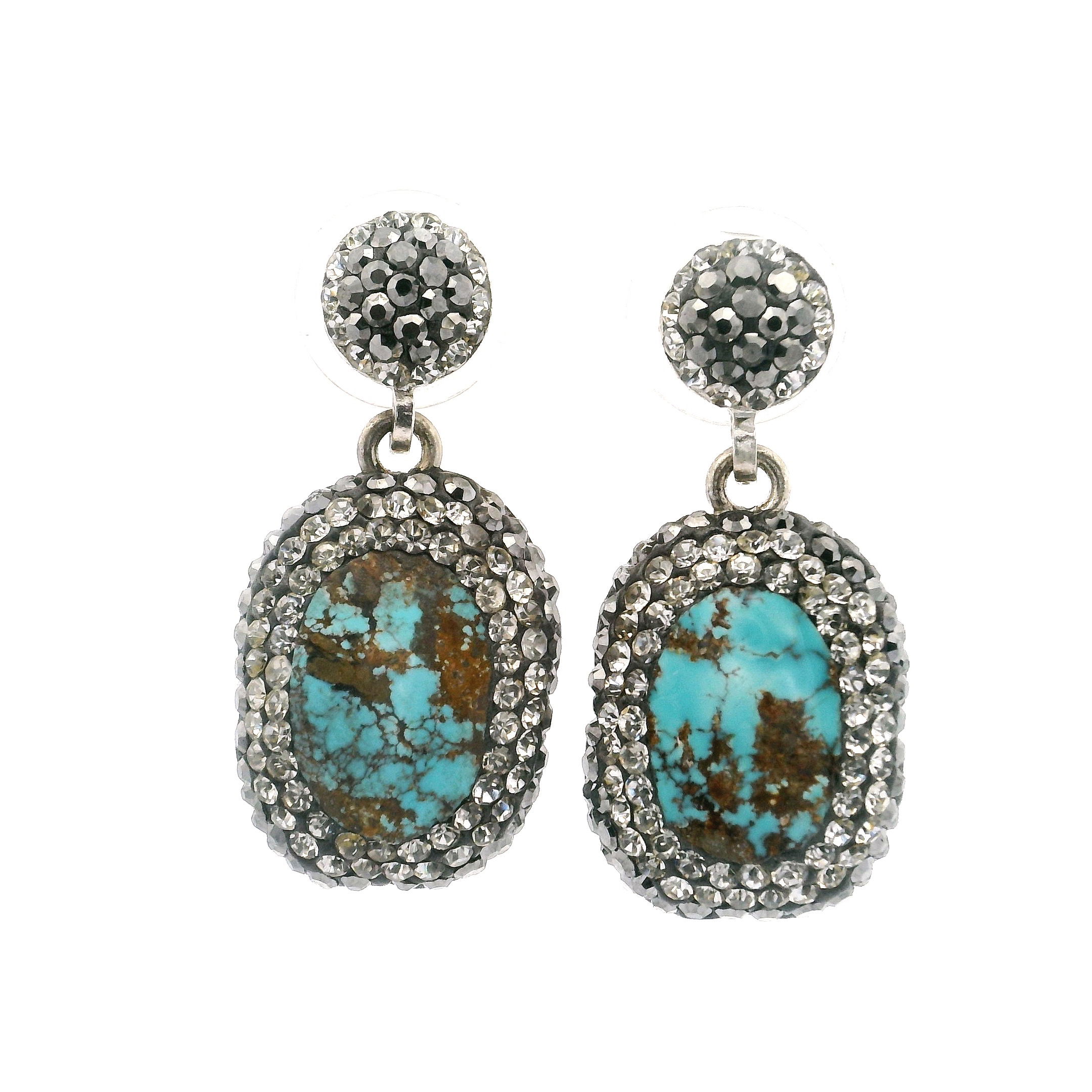 Perisan Turquoise Dangle Earrings - Oval with Brown Inclusions with Rows of Silver Swarovski Crystals & Marcasite Hanging from Round in 925 Sterling Silver