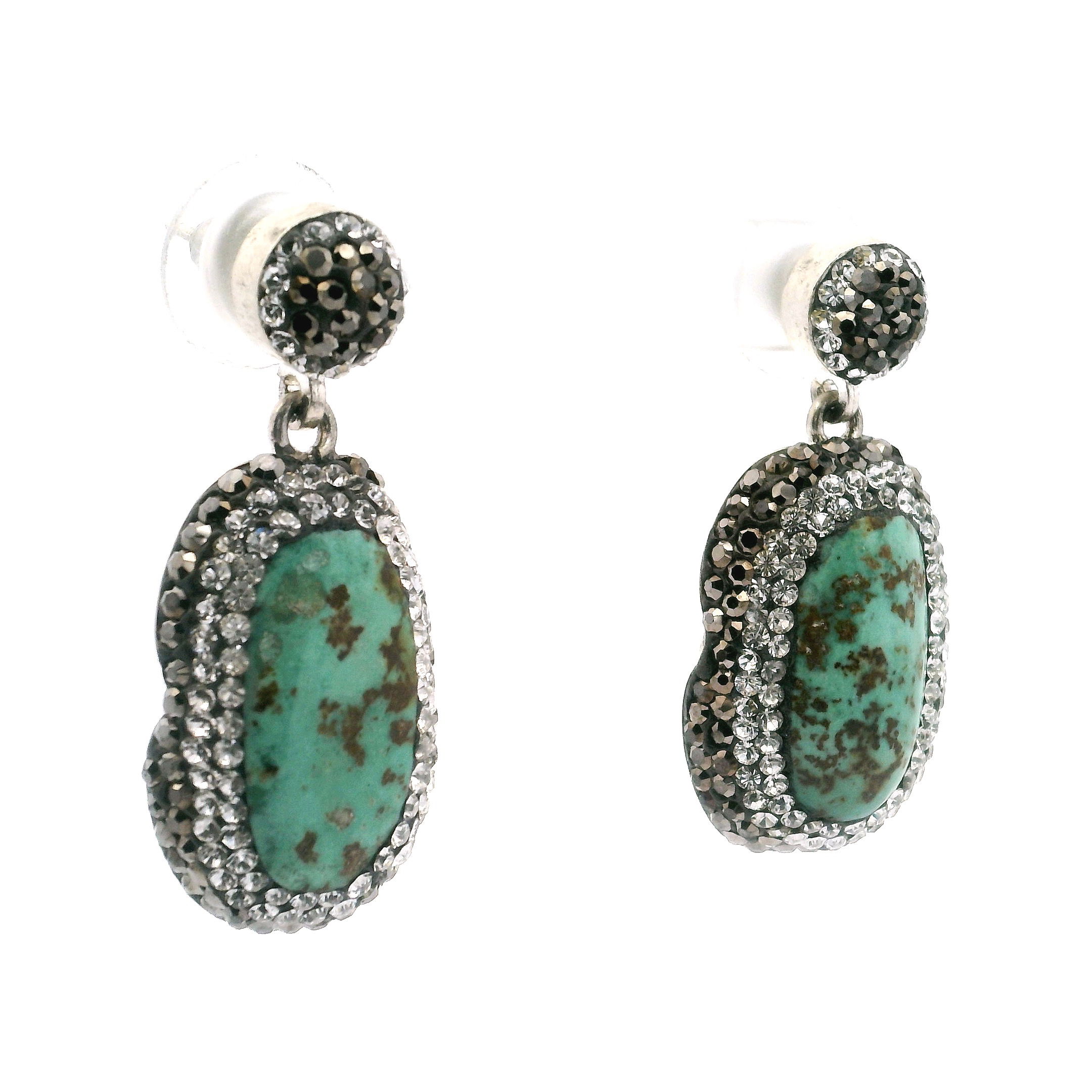 Persian Turquoise Dangle Earrings - Elongated Green Oval with Rows of Silver Swarovski Crystals & Marcasite Hanging from Round in 925 Sterling Silver