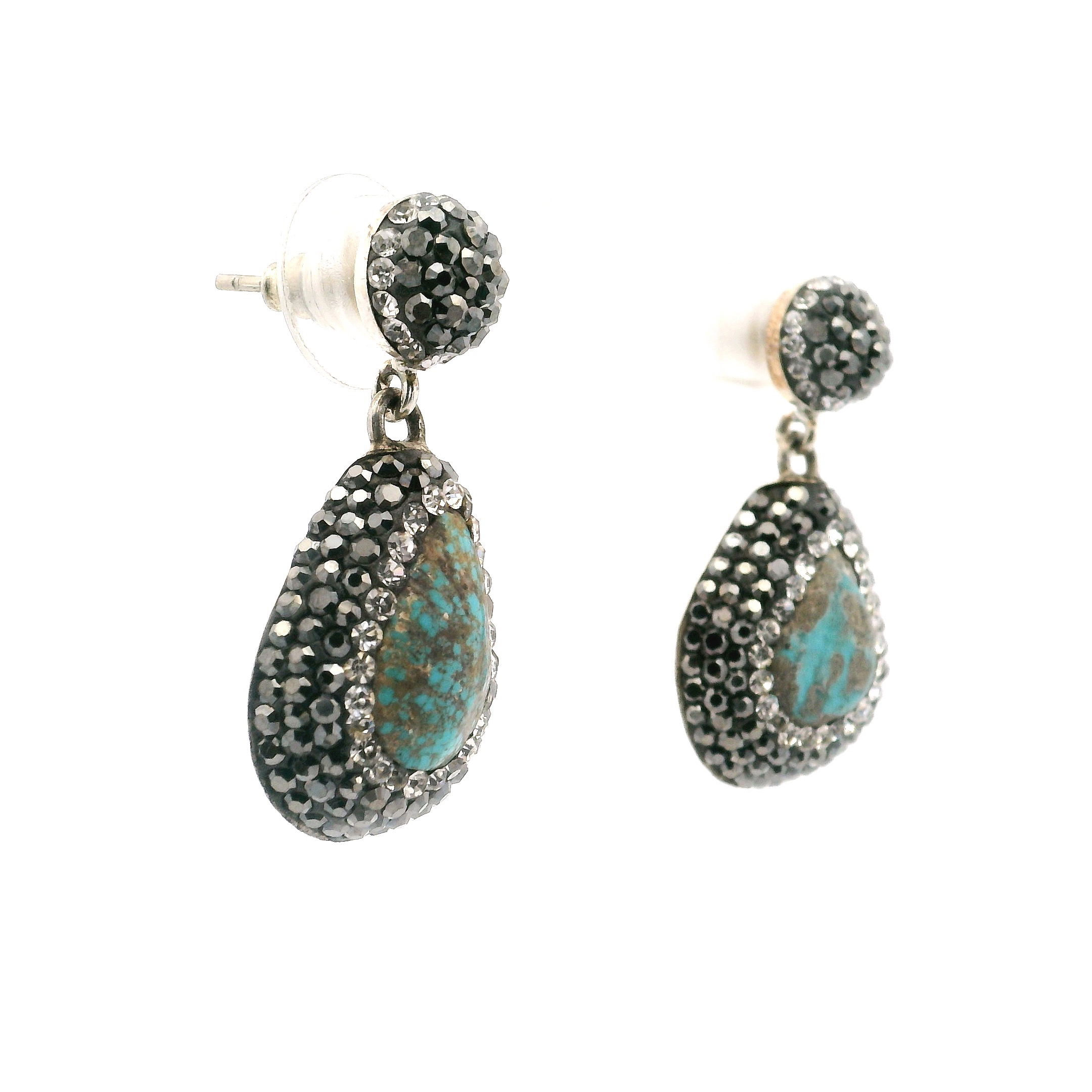 Persian Turquoise Dangle Earrings - Short Pear with Tan Inclusions Surrounded by Rows of Silver Swarovski Crystals & Marcasite Hanging from Round in 925 Sterling Silver