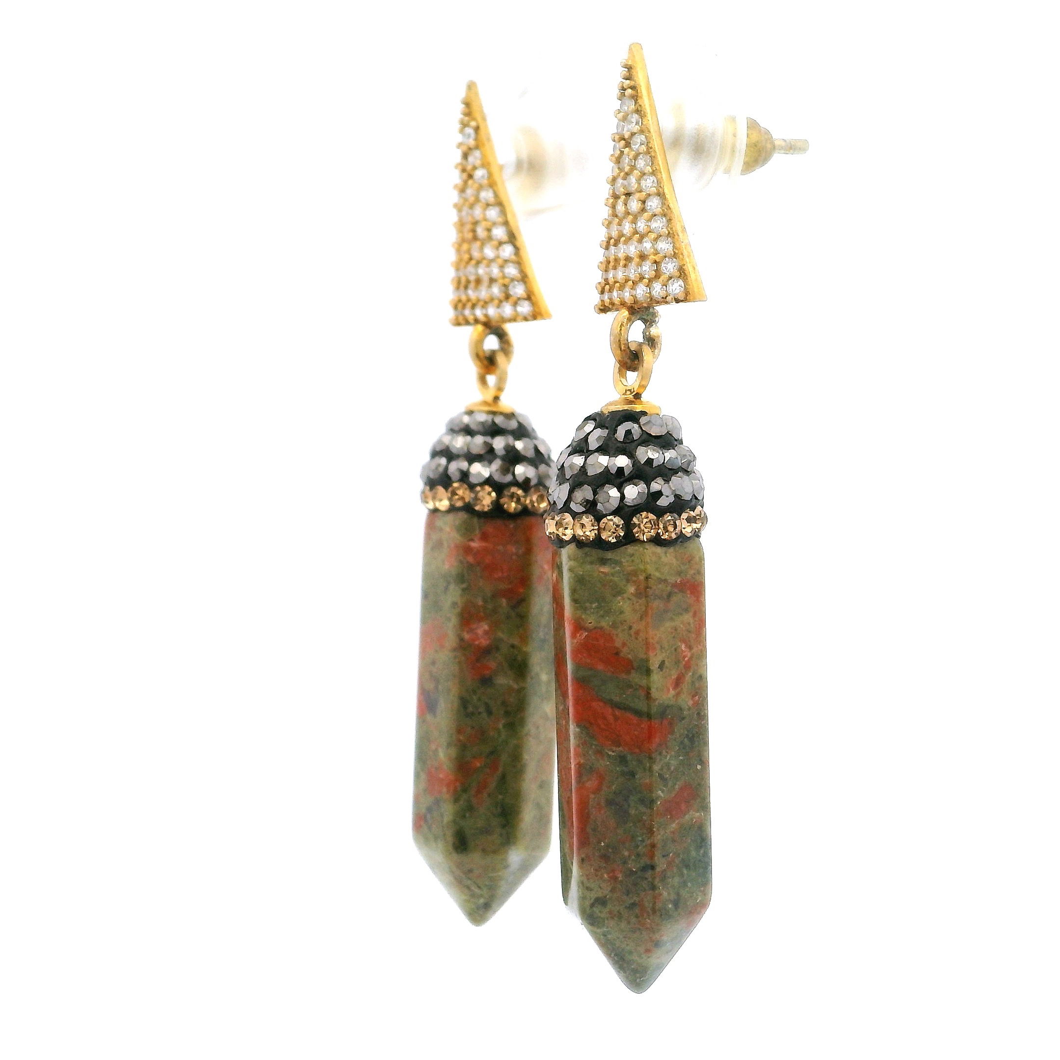 Illuminate your style with our Unakite Dangle Earrings – a captivating Point Lantern Set featuring natural Unakite gemstones paired with shimmering gold Swarovski crystals and marcasite accents. Each earring gracefully suspends from a sleek triangle crafted in gold vermeil over 925 sterling silver, delivering a harmonious balance of earthy tones and elegant sparkle. These dangle earrings effortlessly blend bohemian charm with sophisticated allure, making them a must-have for any jewelry lover. Unakite Dangle Earrings - Point Lantern Set with Gold Swarovski Crystals & Marcasite Hanging from Triangle with Gold Vermeil in 925 Sterling Silver