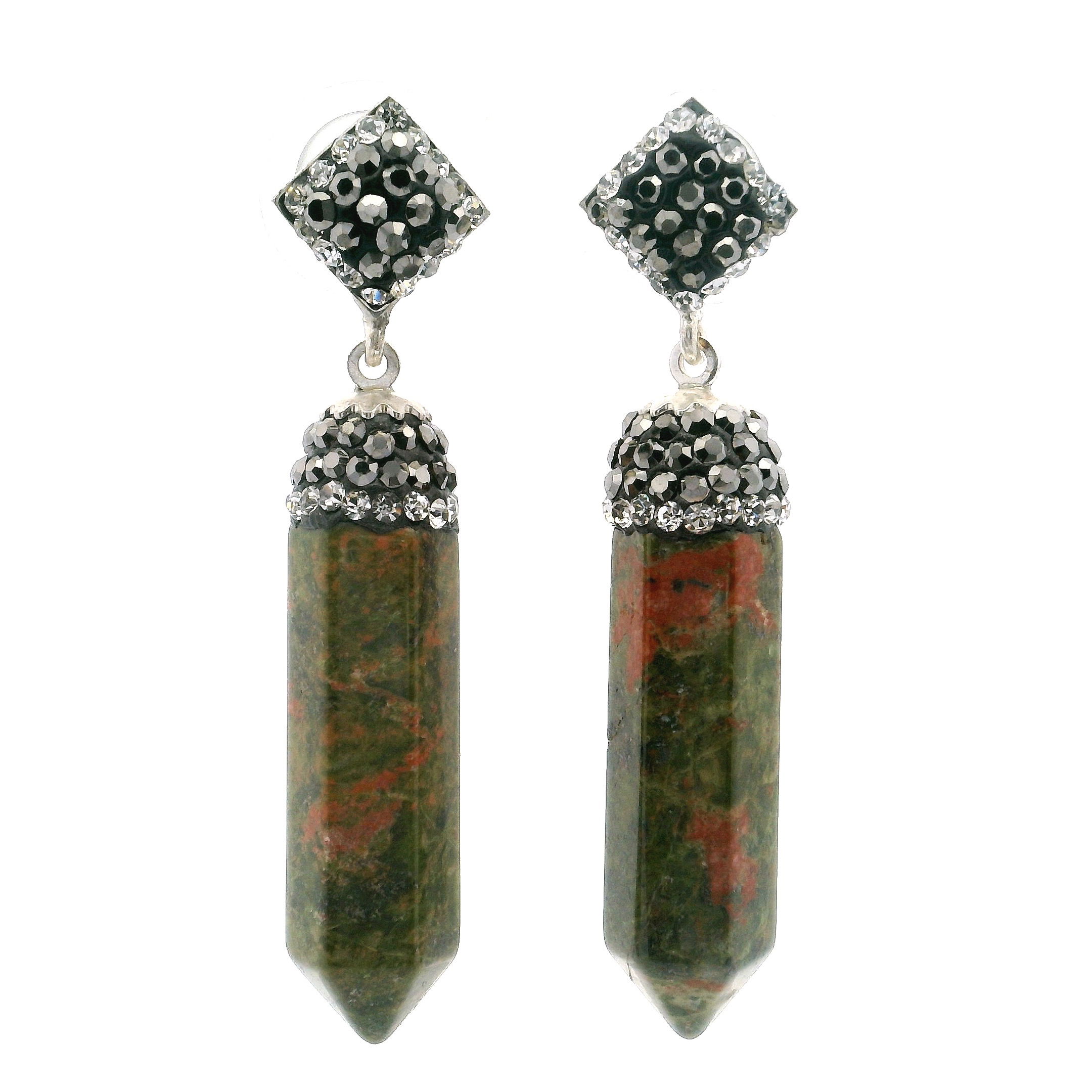 Elevate your look with these stunning Unakite Dangle Earrings, artfully crafted in 925 sterling silver. Each earring features a graceful point lantern design showcasing natural unakite stones, celebrated for their unique blend of earthy green and rosy hues. Sparkling silver Swarovski crystals and intricate marcasite accents add an elegant touch of shimmer, while the stones dangle elegantly from a sleek square stud. Unakite Dangle Earrings - Point Lantern Set with Silver Swarovski Crystals & Marcasite Hanging from Square in 925 Sterling Silver