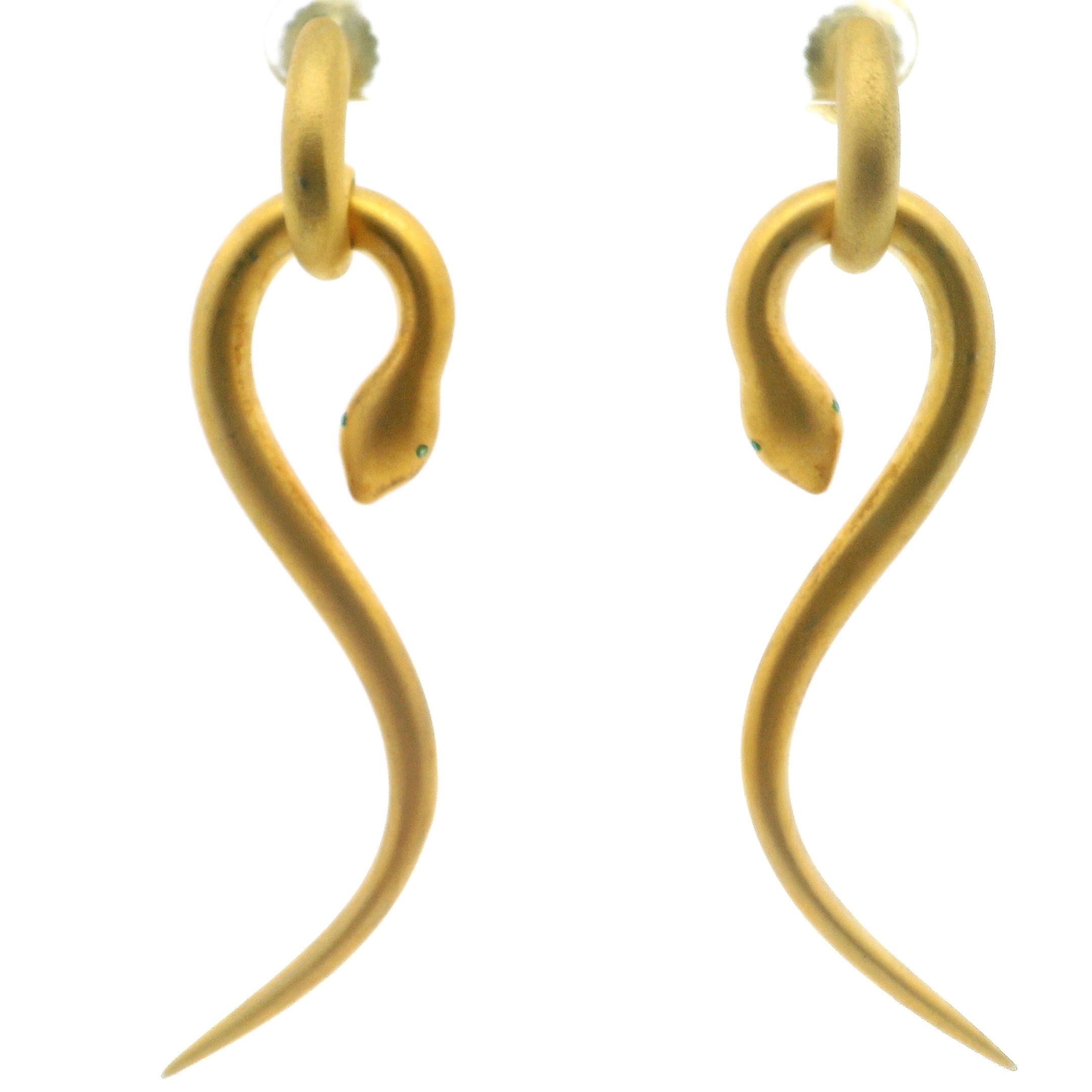Nano Stone Dangle Earrings - Long Brushed Gold Snake with Green Eyes in Gold Vermeil over 925 Sterling Silver