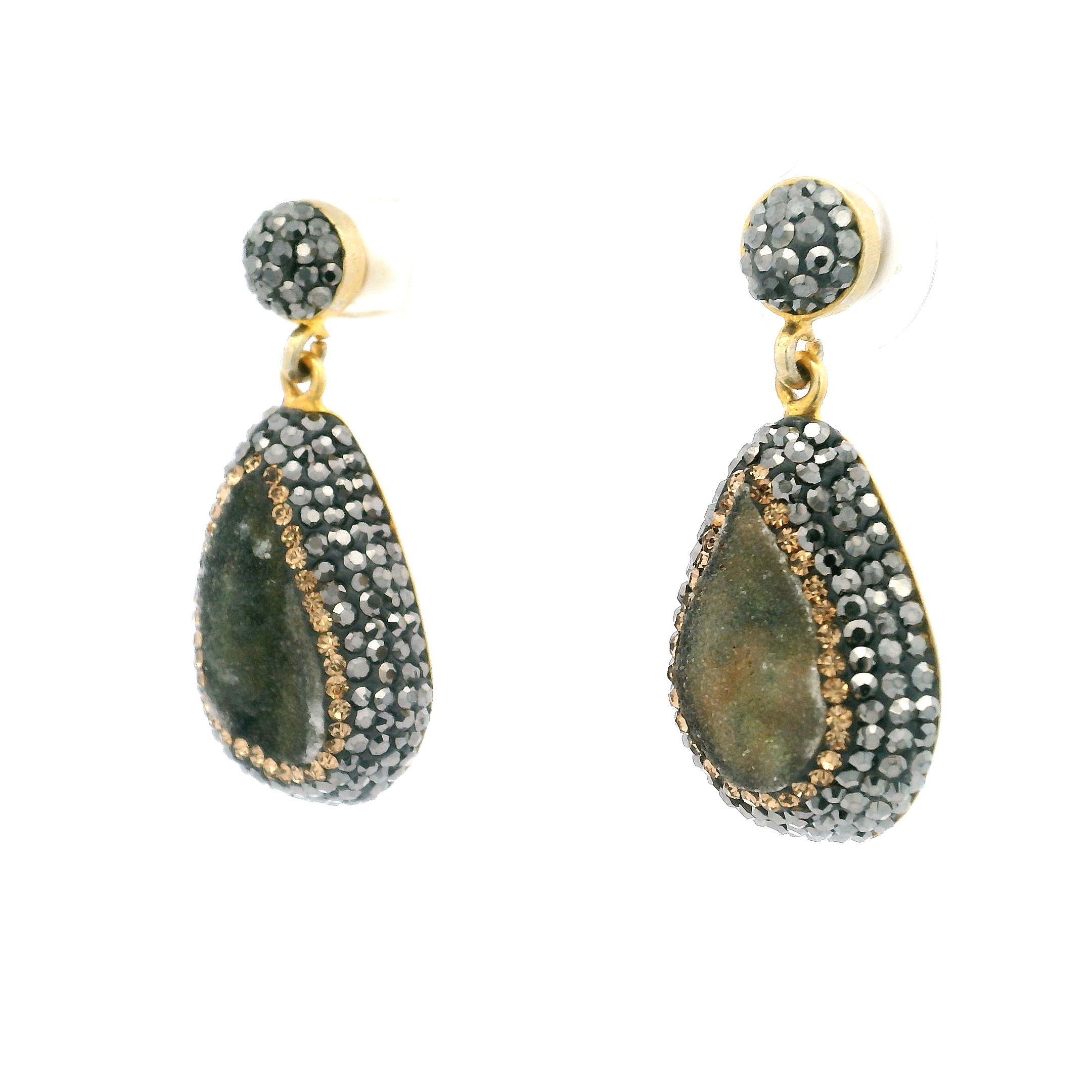 Natural Green Druze Dangle Earrings - Druze Pear with Marcasite & Gold Swarovski Crystals with Gold Vermeil over 925 Sterling Silver
