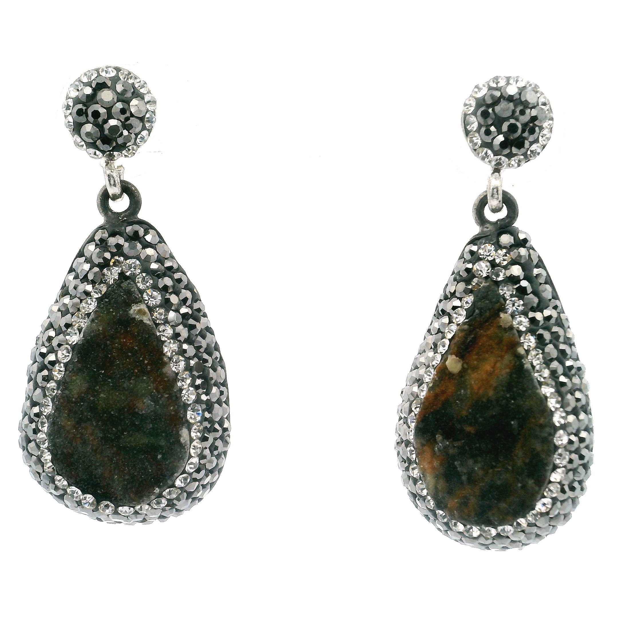 Natural Green Druze Dangle Earrings - Druze Pear with Marcasite & Silver Swarovski Crystals with 925 Sterling Silver