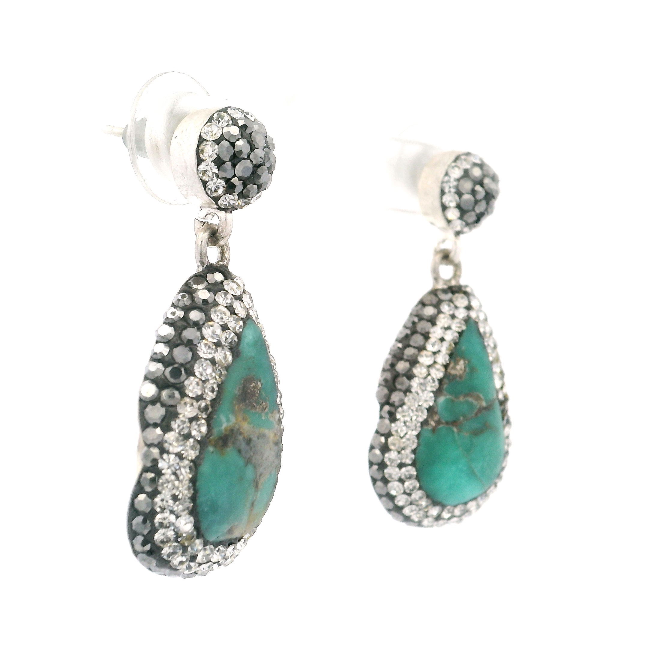 Persian Turquoise Dangle Earrings - Pear with Brown Inclusions Surrounded by Rows of Silver Swarovski Crystals & Marcasite Hanging from Round in 925 Sterling Silver